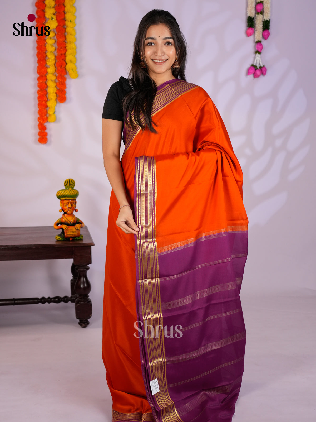 Buy Exquisite Orange Mysore Silk Saree with Plain Body, Purple Zari Striped Border & Chit Pallu