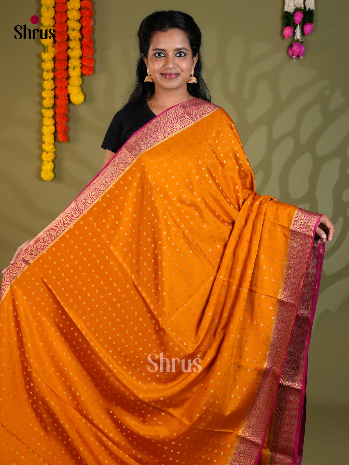 Buy Radiant Orange Mysore Silk Sarees with Gold Zari Buttas, Purple Border & Traditional Pallu
