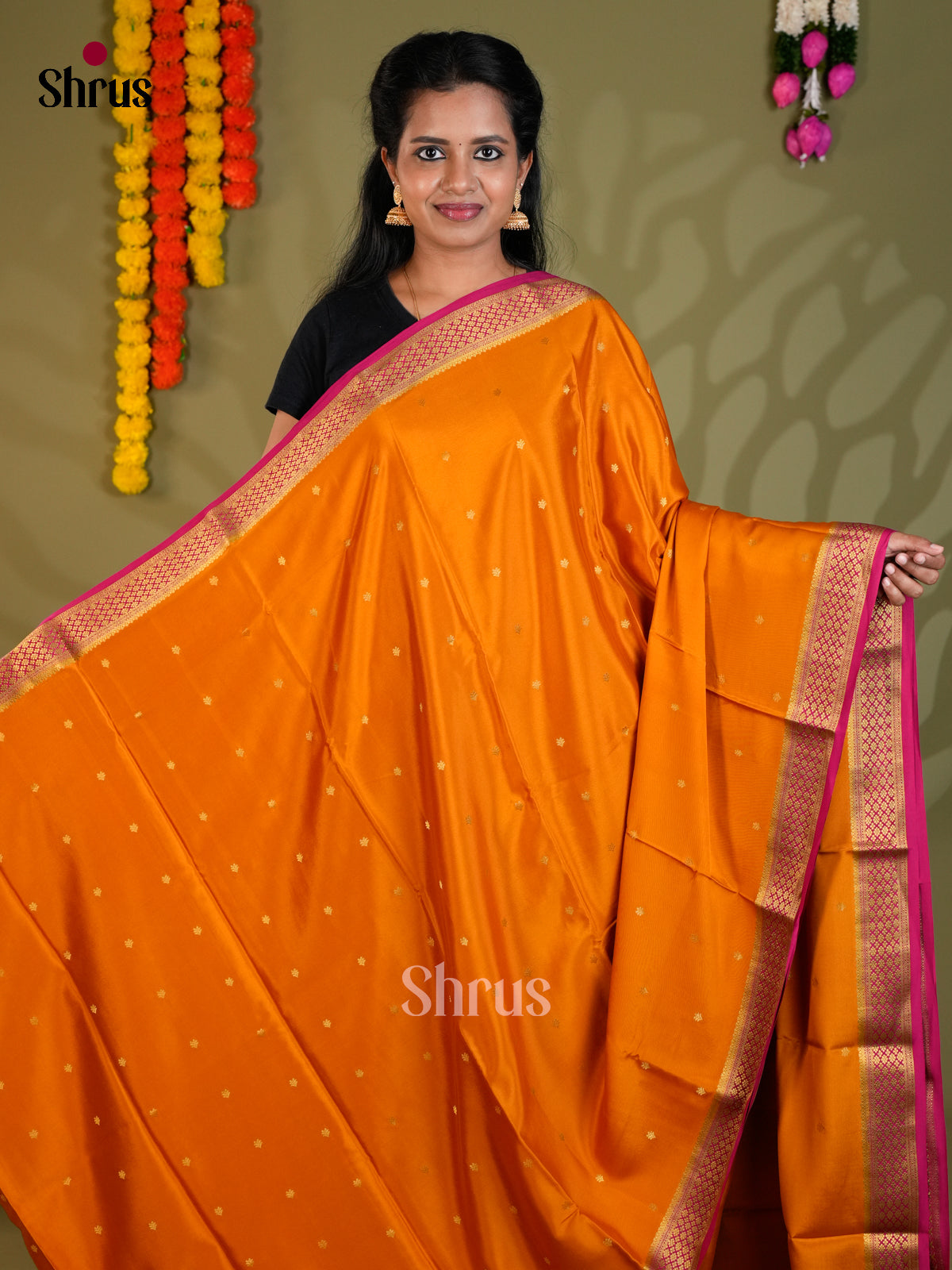 Buy Pretty Orange Mysore Silk Sarees with Golden Buttas, Small Zari Border & Magenta Striped Pallu