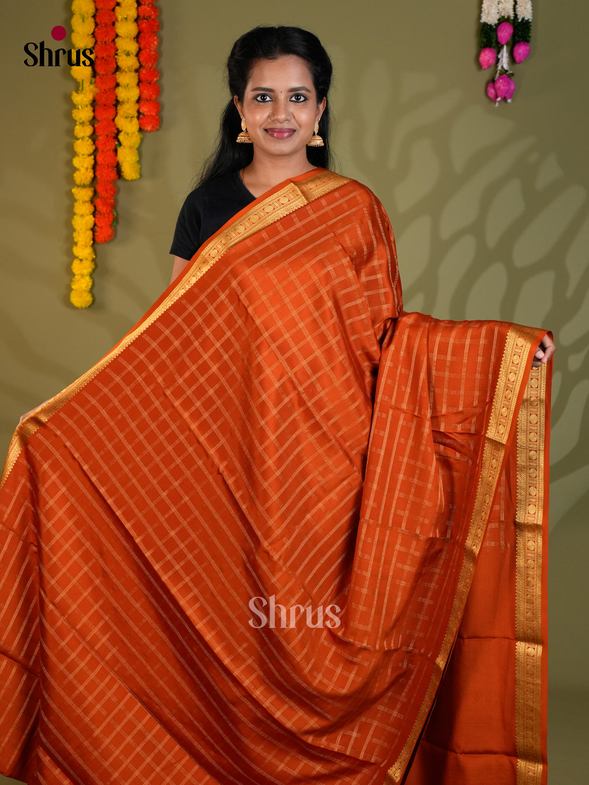 Buy Radiant Orange Mysore Silk Sarees with Golden Checks, Small Zari Border & Striped Pallu