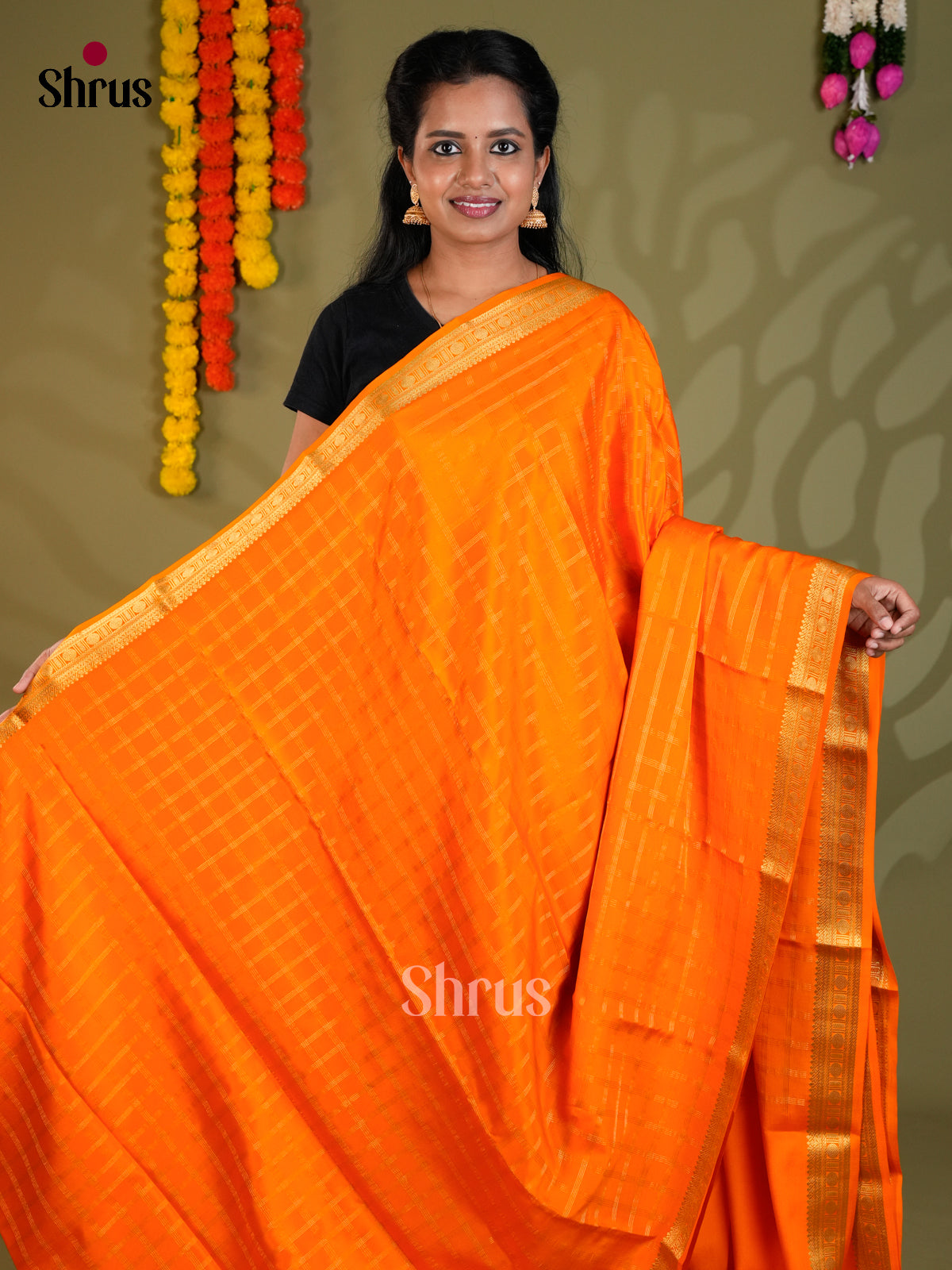 Buy Radiant Orange Mysore Silk Sarees with Golden Kattams, Small Zari Border & Chit Pallu