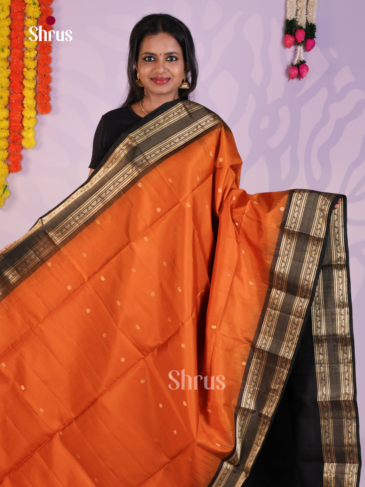 Buy Radiant Orange Pure Soft Silk Saree with Zari Buttas, Black Rettaipet Border & Brocade Pallu
