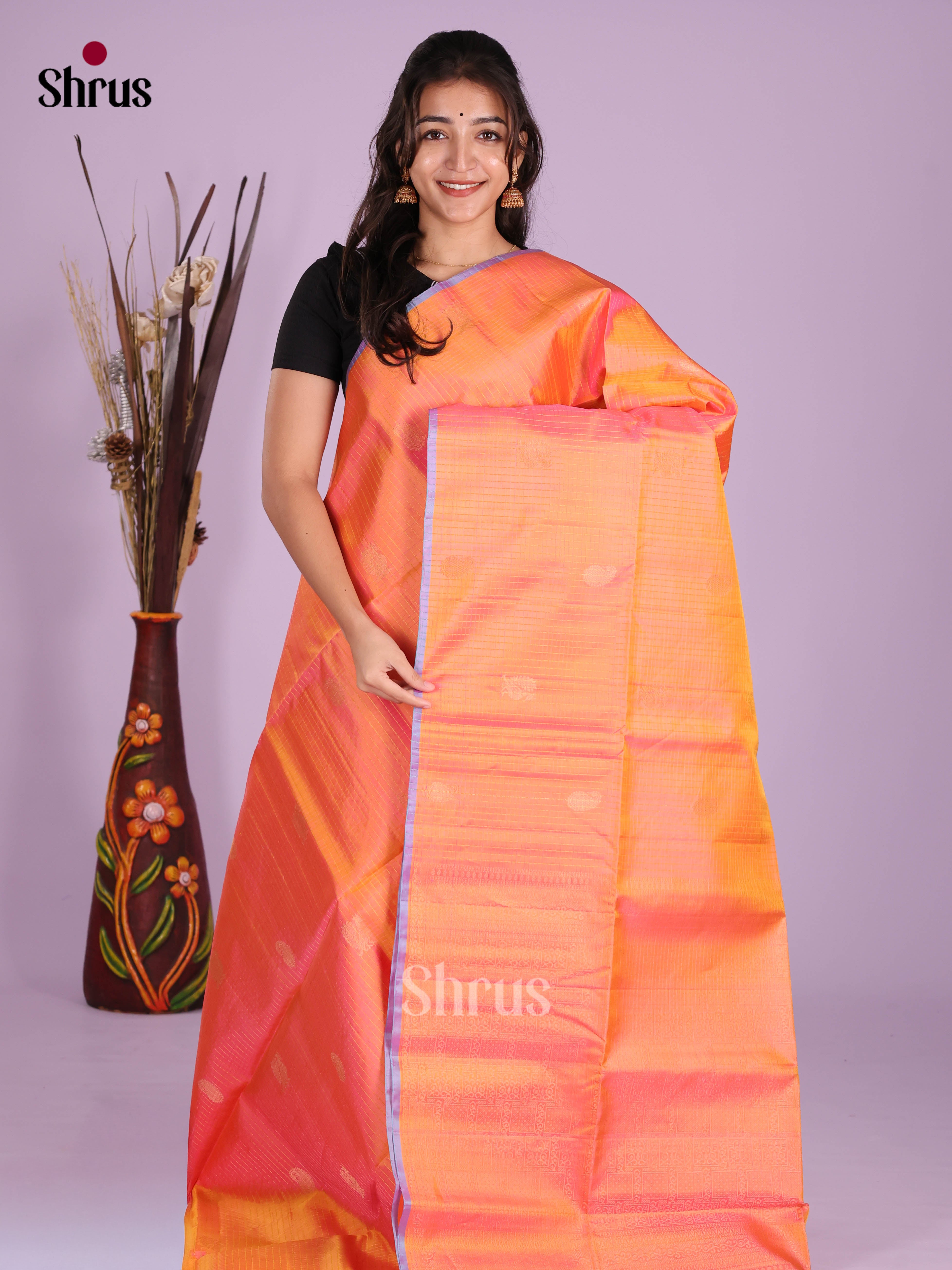 Buy Enchanting Orange Soft Silk Saree With Golden Checks, Buttas & Brocade Pallu