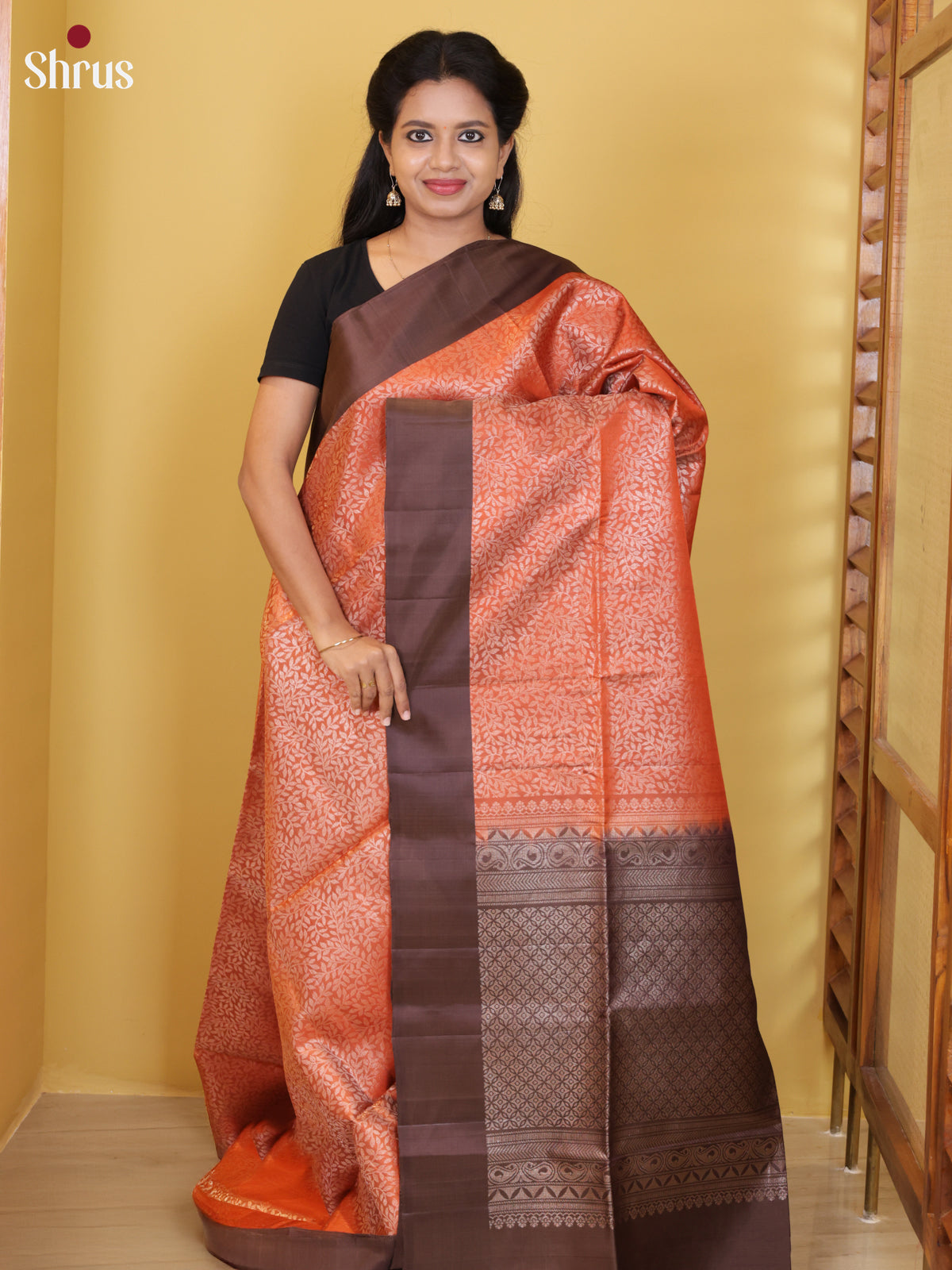 Buy Sheeny Orange Soft Silk Saree With Silver Zari Leaf Vines, Brown Border & Brocade Pallu