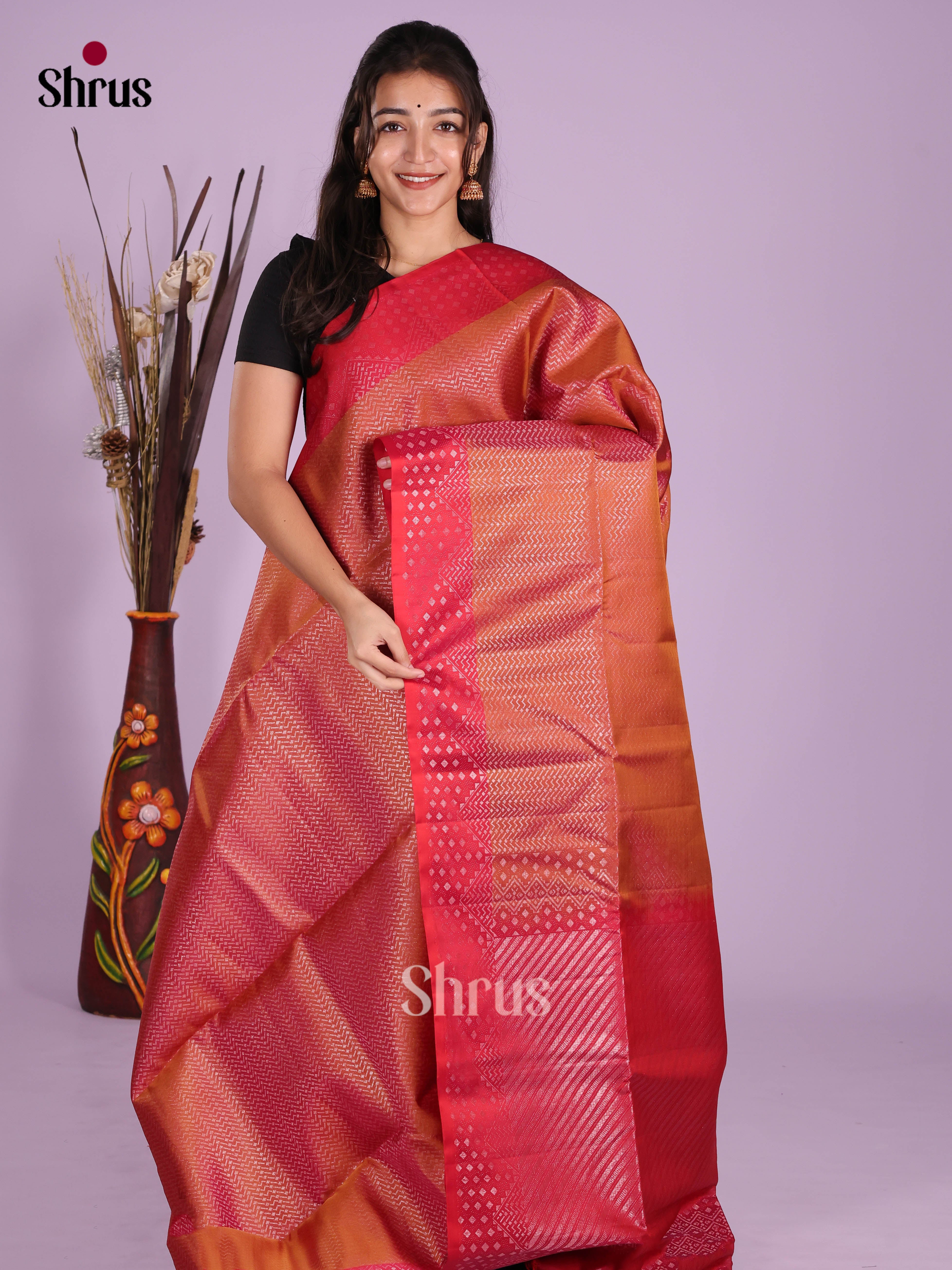 Buy Warm Orange Soft Silk Saree With Silver Zari Woven Chevron Pattern, Red Border & Brocade Pallu