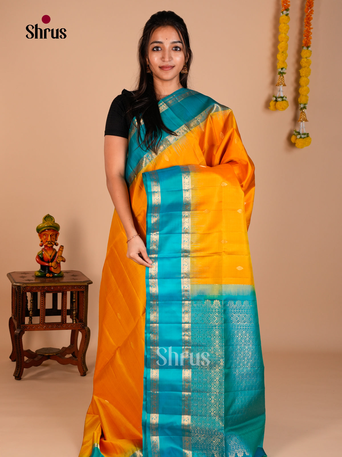 Buy Vibrant Orange Soft Silk Saree with Buttas, Sky Blue Rettaipet Zari Border & Brocade Pallu