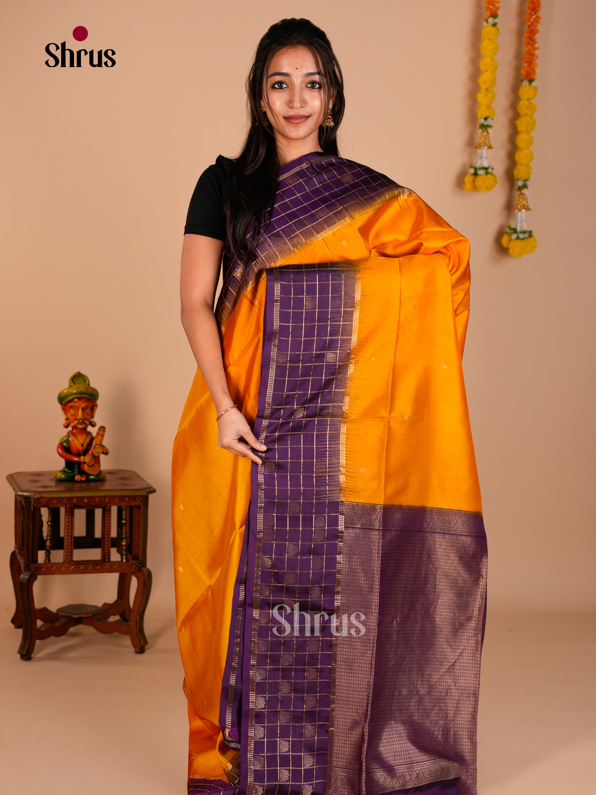 Buy Traditional Orange Soft Silk Saree with Checked Violet Border & Brocade Pallu