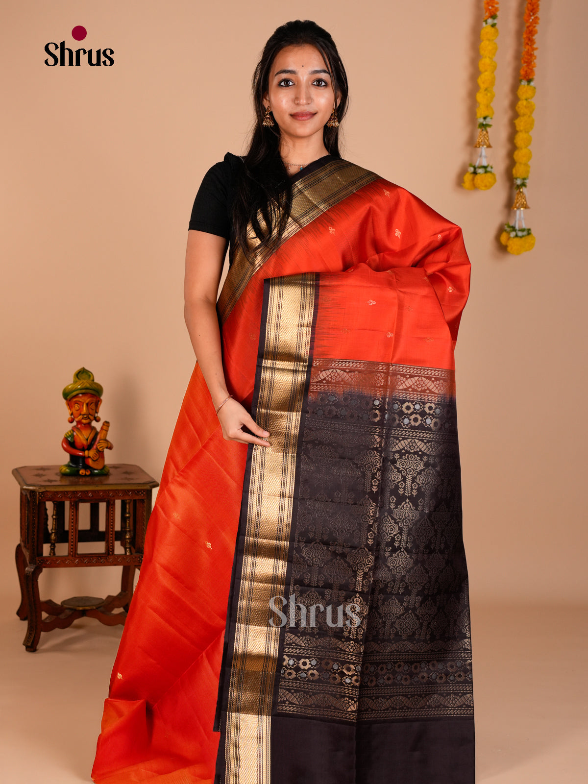 Buy Pretty Orange Soft Silk Saree with Golden Buttas, Brown Zari Border & Brocade Pallu