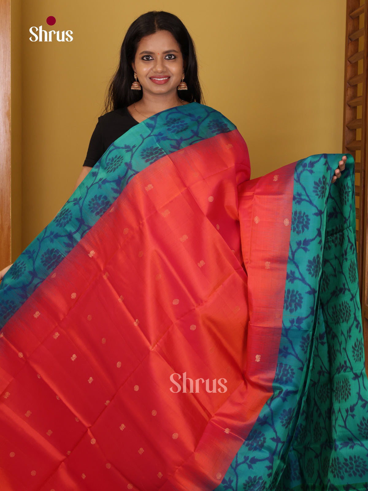 Buy Luminous Orange Soft Silk Sarees with Zari Buttas & Teal Blue Pochampally Ikkat Floral Border 