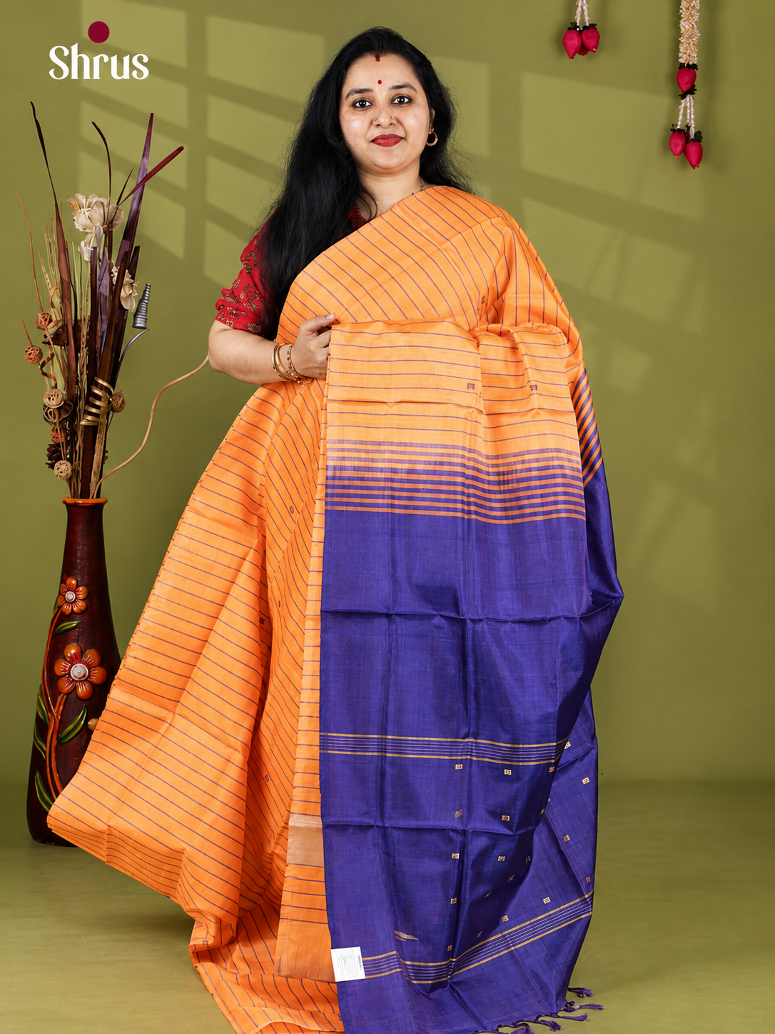 Radiant Peach & Blue Banana Pith Saree with stripes pattern - Shop on Shrus.com