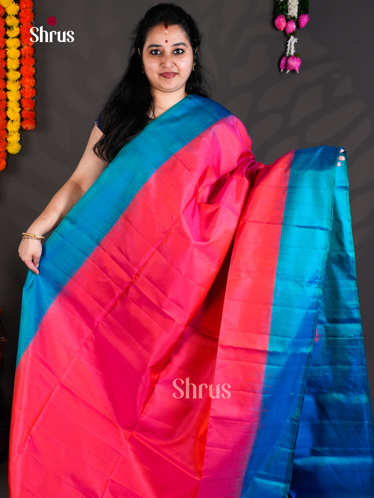 Buy Pretty Orangish Pink Pure Soft Silk Saree with Contrast Blue Border & Zari Brocade Pallu
