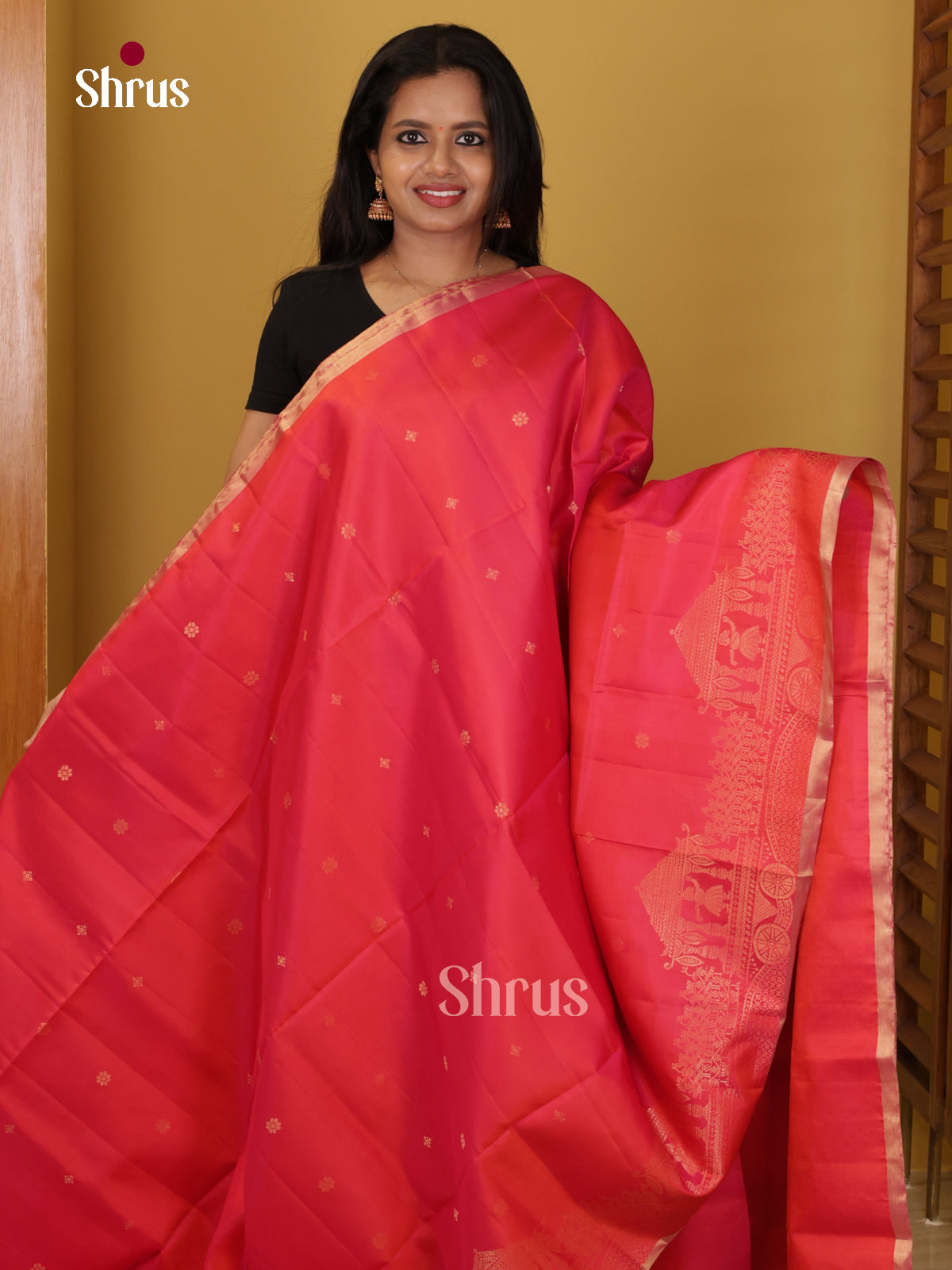 Buy Radiant Orangish Pink Pure Soft Silk Saree with Floral Buttas & Intricately Woven Rath Motifs