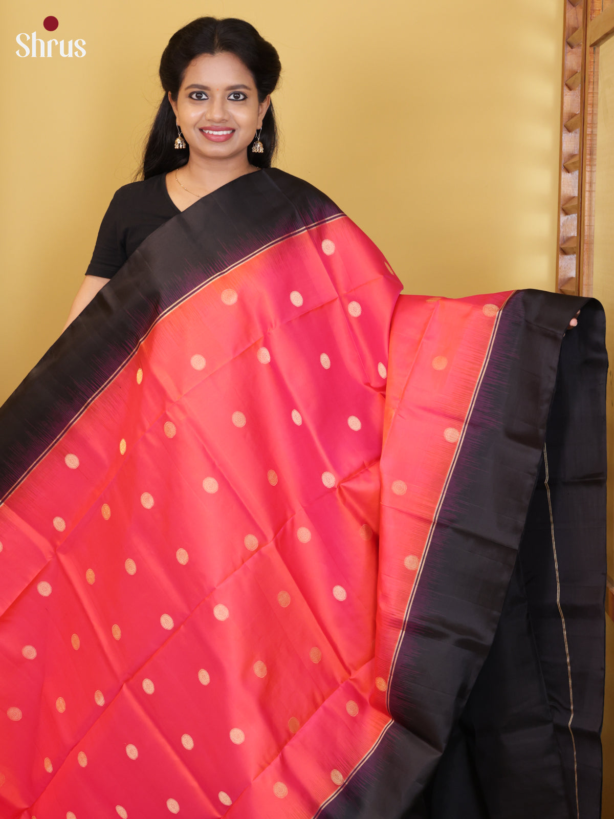 Buy Exquisite Orangish Pink Pure Soft Silk Saree with Rudraksh Buttas, Jamun Border & Brocade Pallu