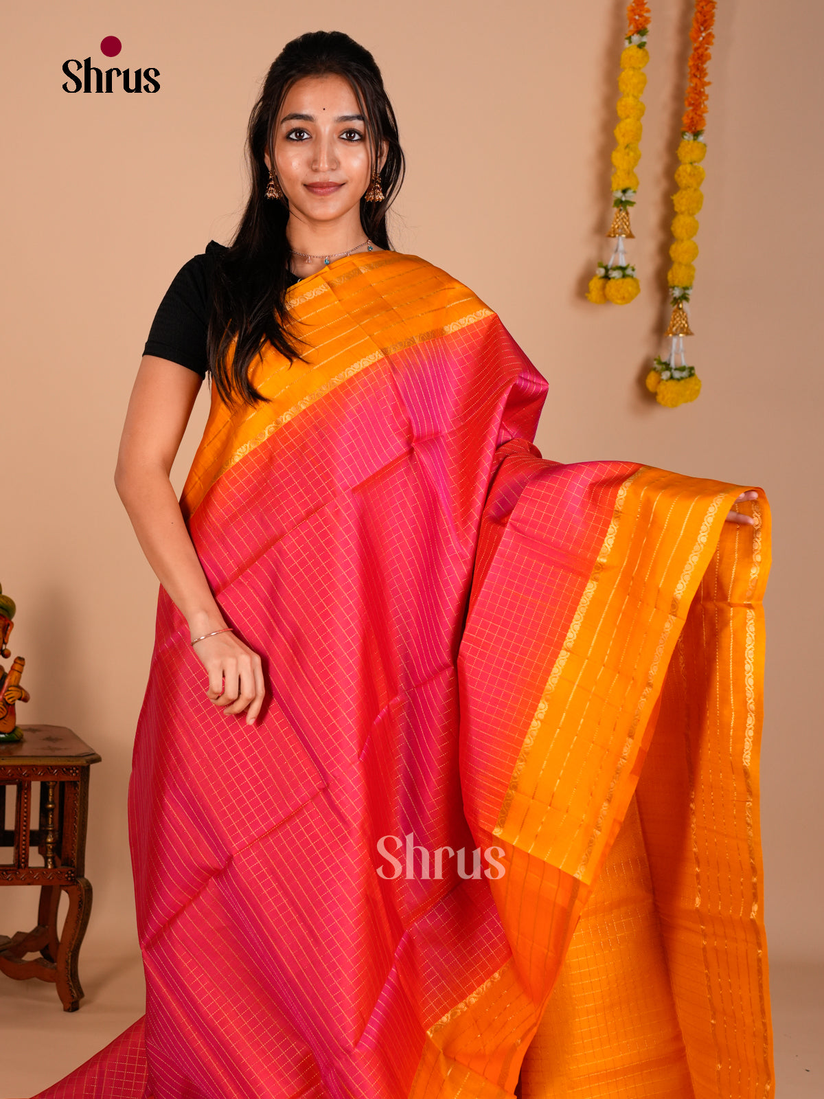 Buy Exquisite Orangish Pink Pure Soft Silk Saree with Zari Checks & Mustard Brocade Pallu