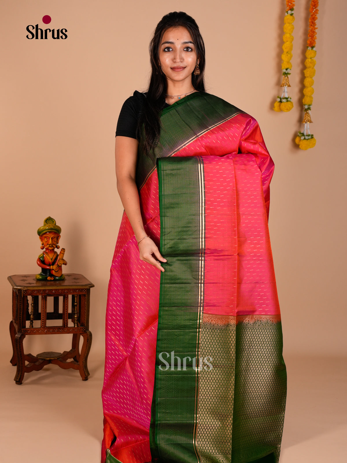 Buy Chic Orangish Pink Soft Silk Saree with Gold Buttas, Green Border & Zari Brocade Pallu