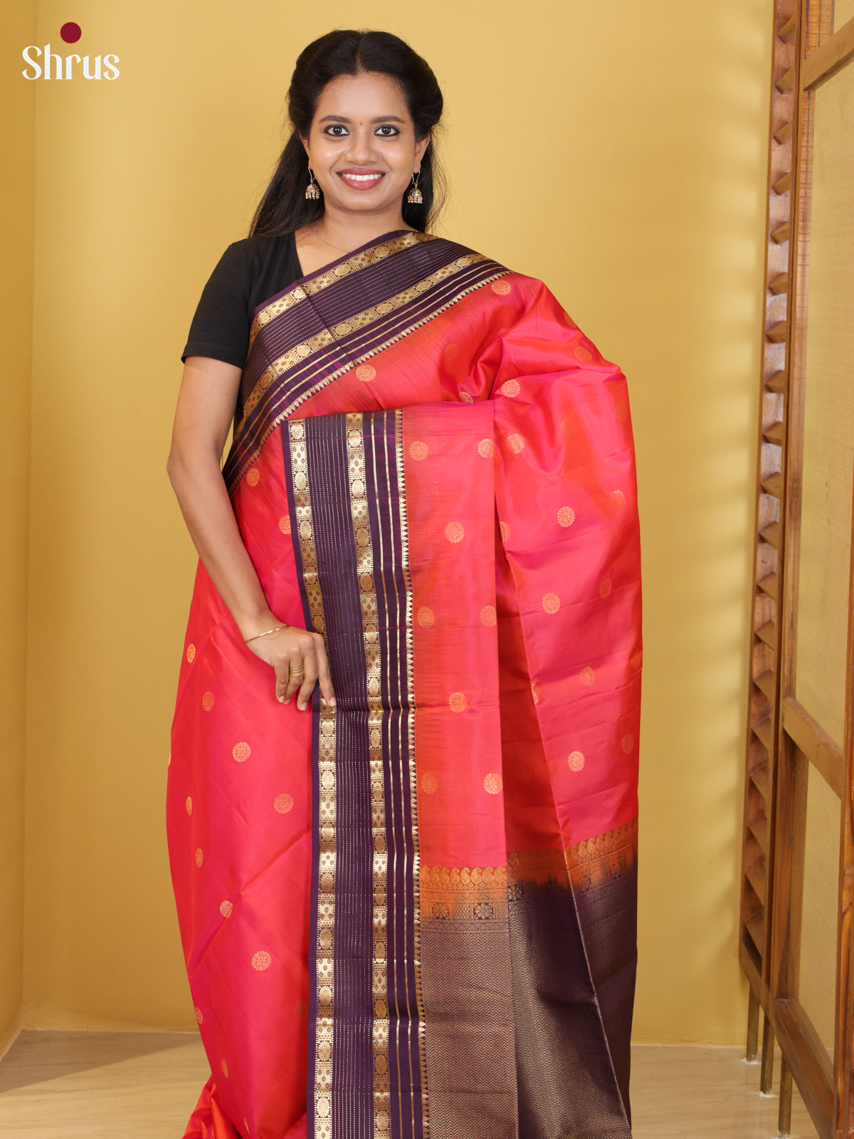 Buy Dazzling Orangish Pink Soft Silk Saree with Gold Rudraksh Buttas & Purple Zari Striped Border
