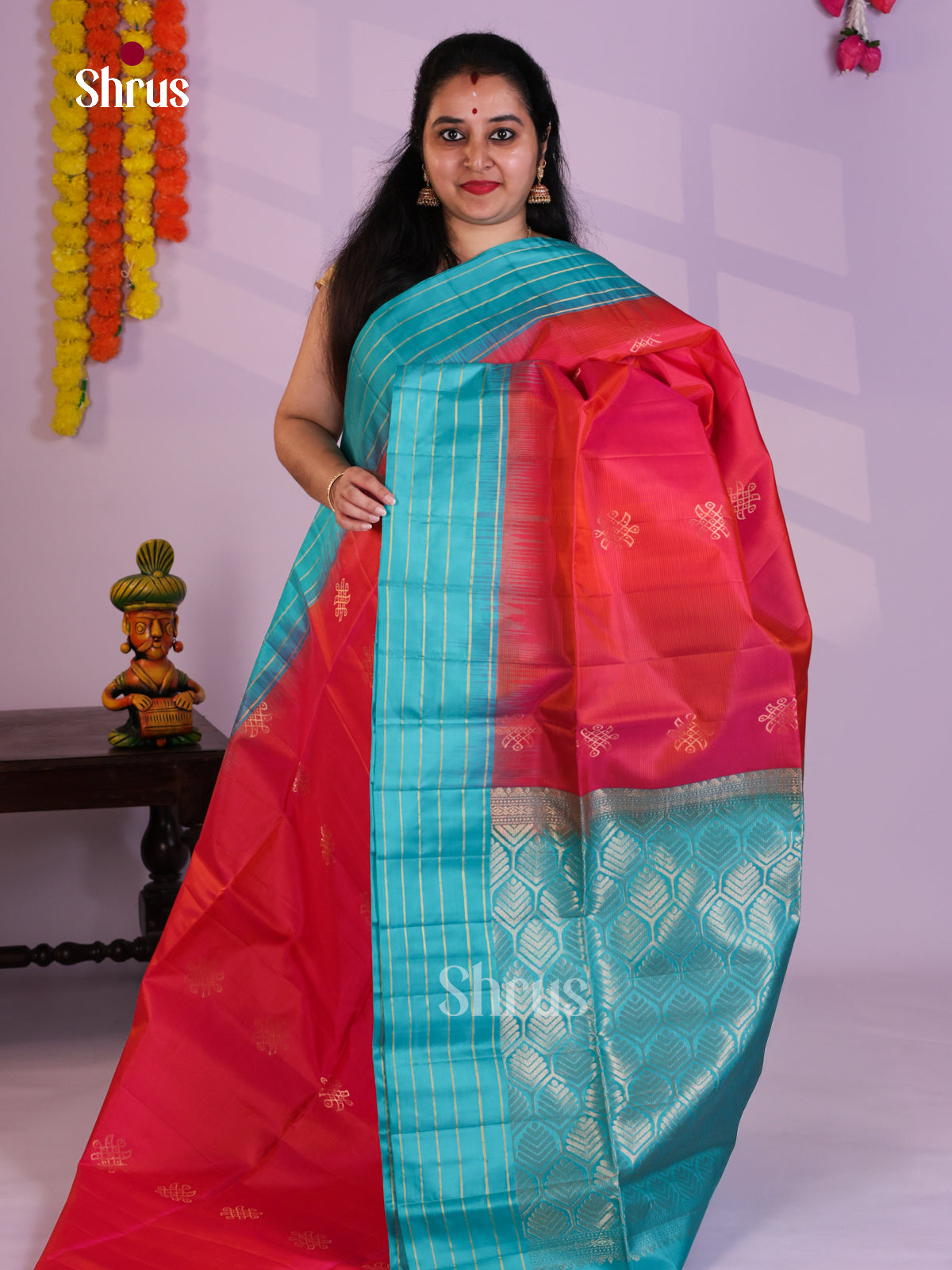 Buy Fiery Orangish Pink Soft Silk Saree with Kolam Motifs & Turquoise Zari Striped Border 