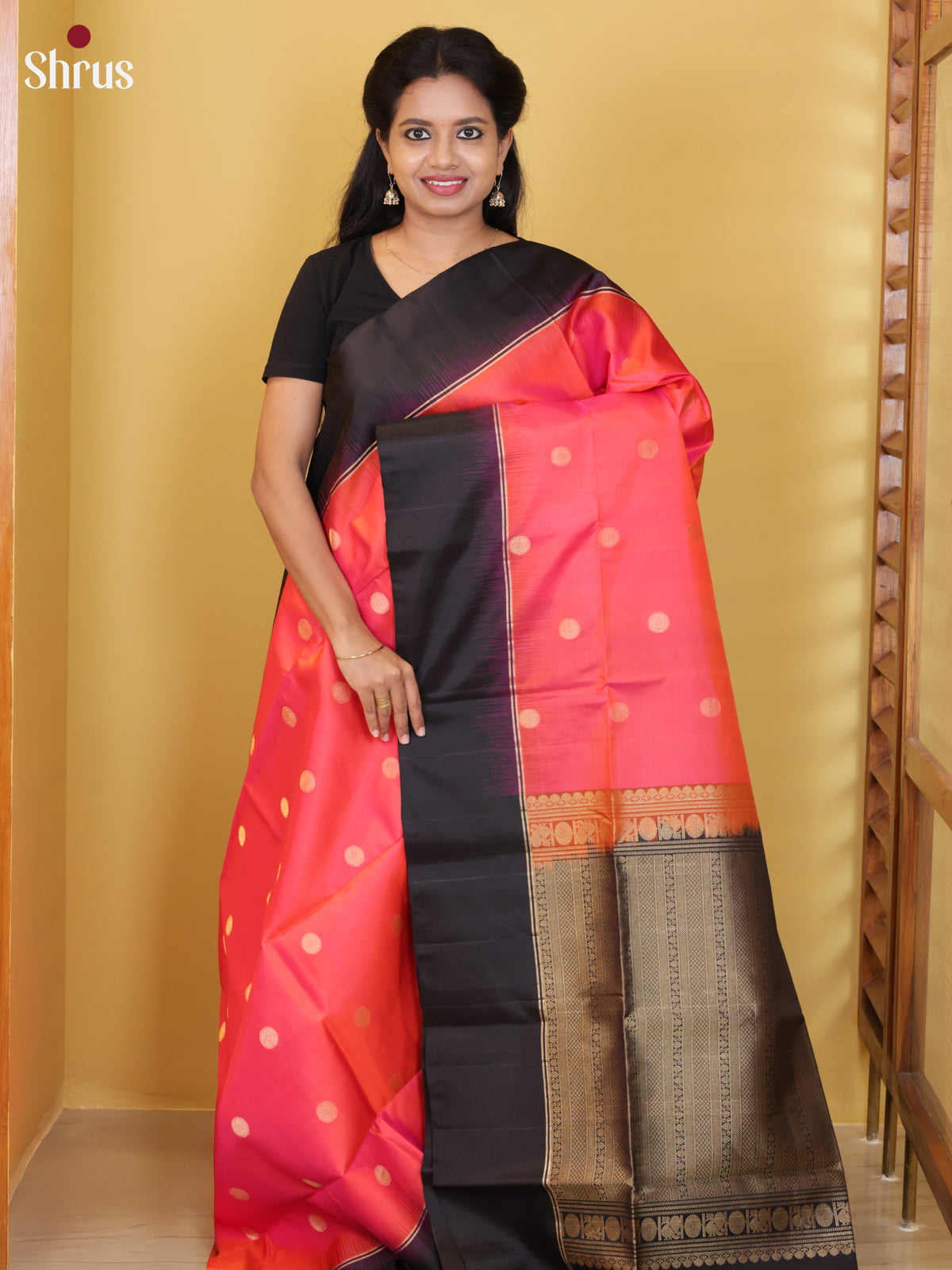 Buy Exquisite Orangish Pink Soft Silk Saree with Rudraksh Buttas, Jamun Border & Brocade Pallu