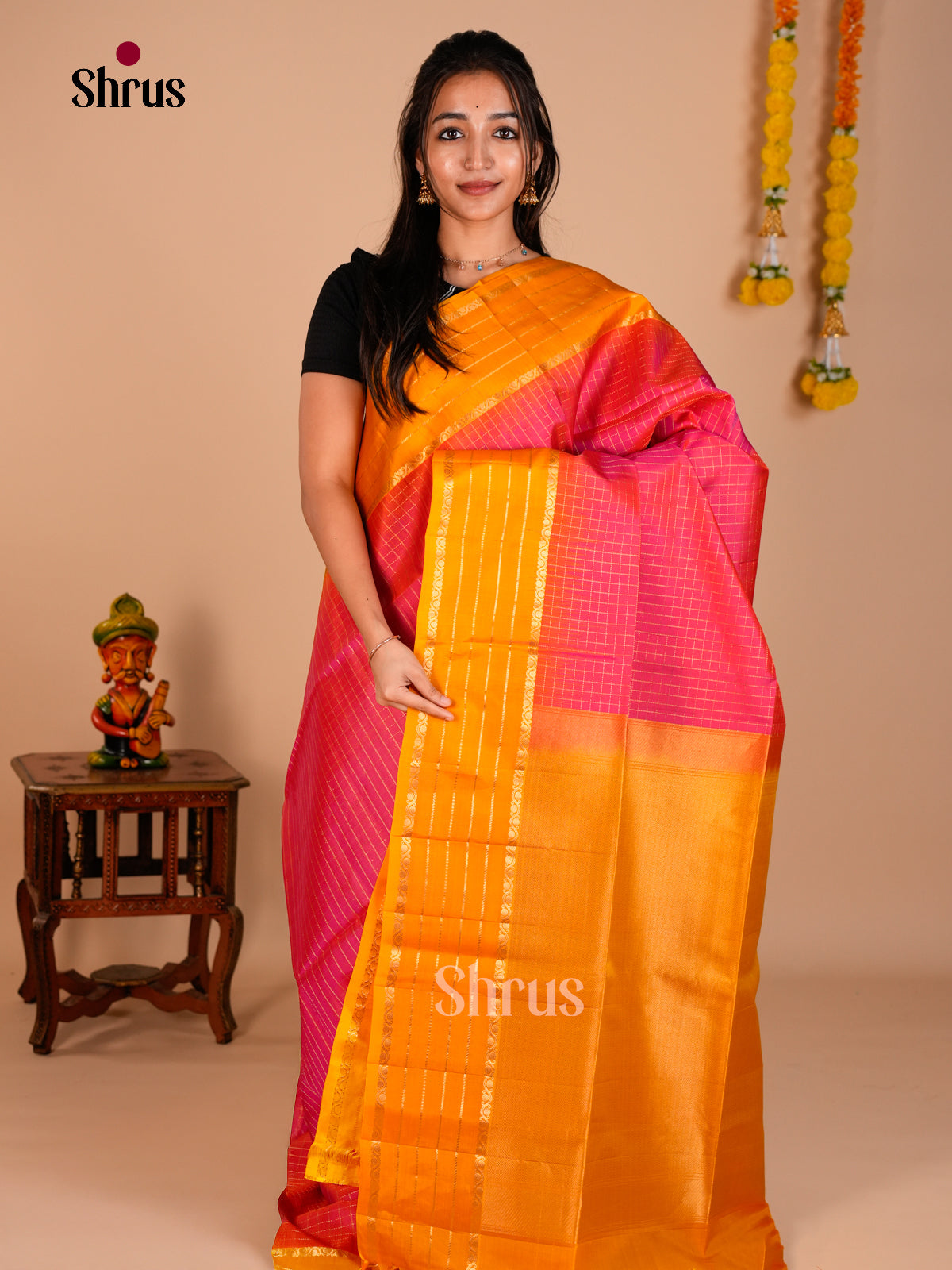 Buy Exquisite Orangish Pink Soft Silk Saree with Zari Checks & Mustard Brocade Pallu
