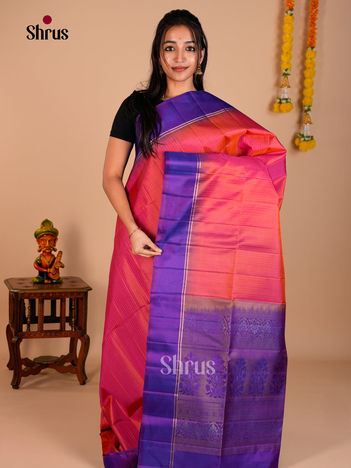 Buy Striking Orangish Pink Soft Silk Saree with Zari Checks & Violet Brocade Pallu