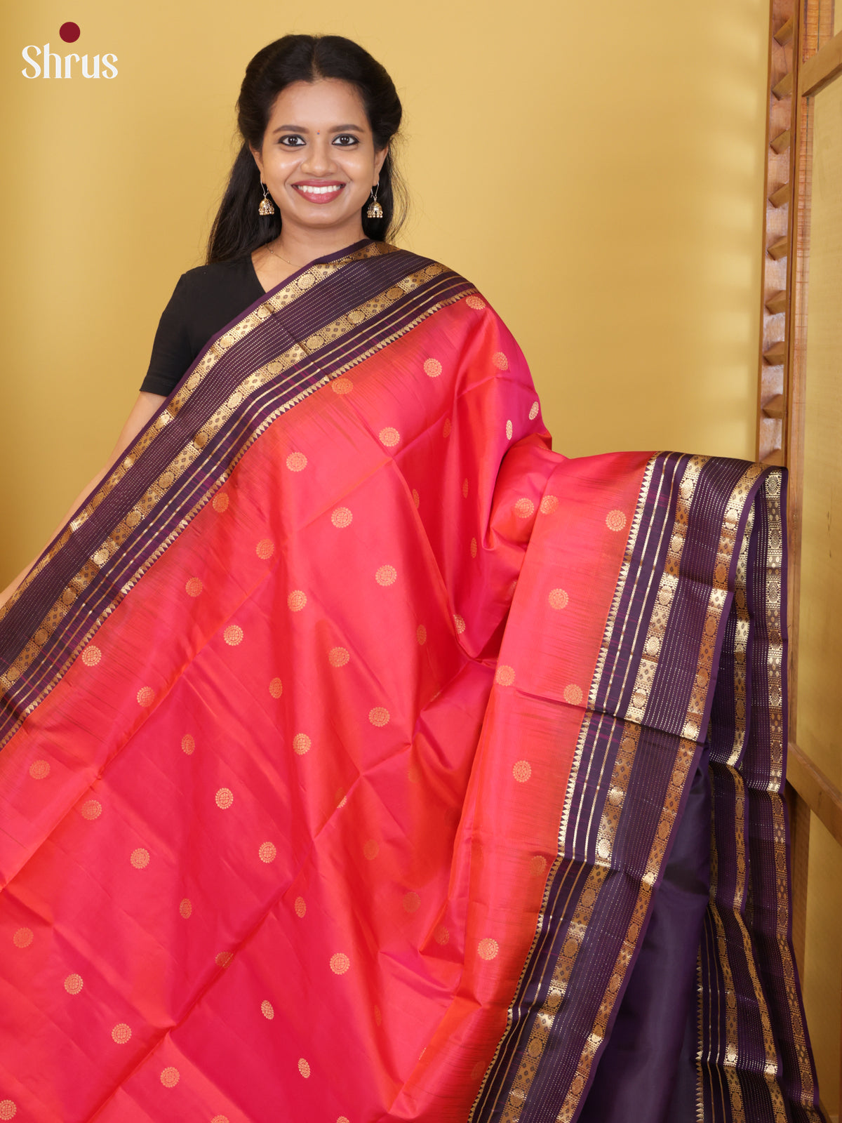 Buy Dazzling Orangish Pink Soft Silk Sarees with Gold Rudraksh Buttas & Purple Zari Striped Border