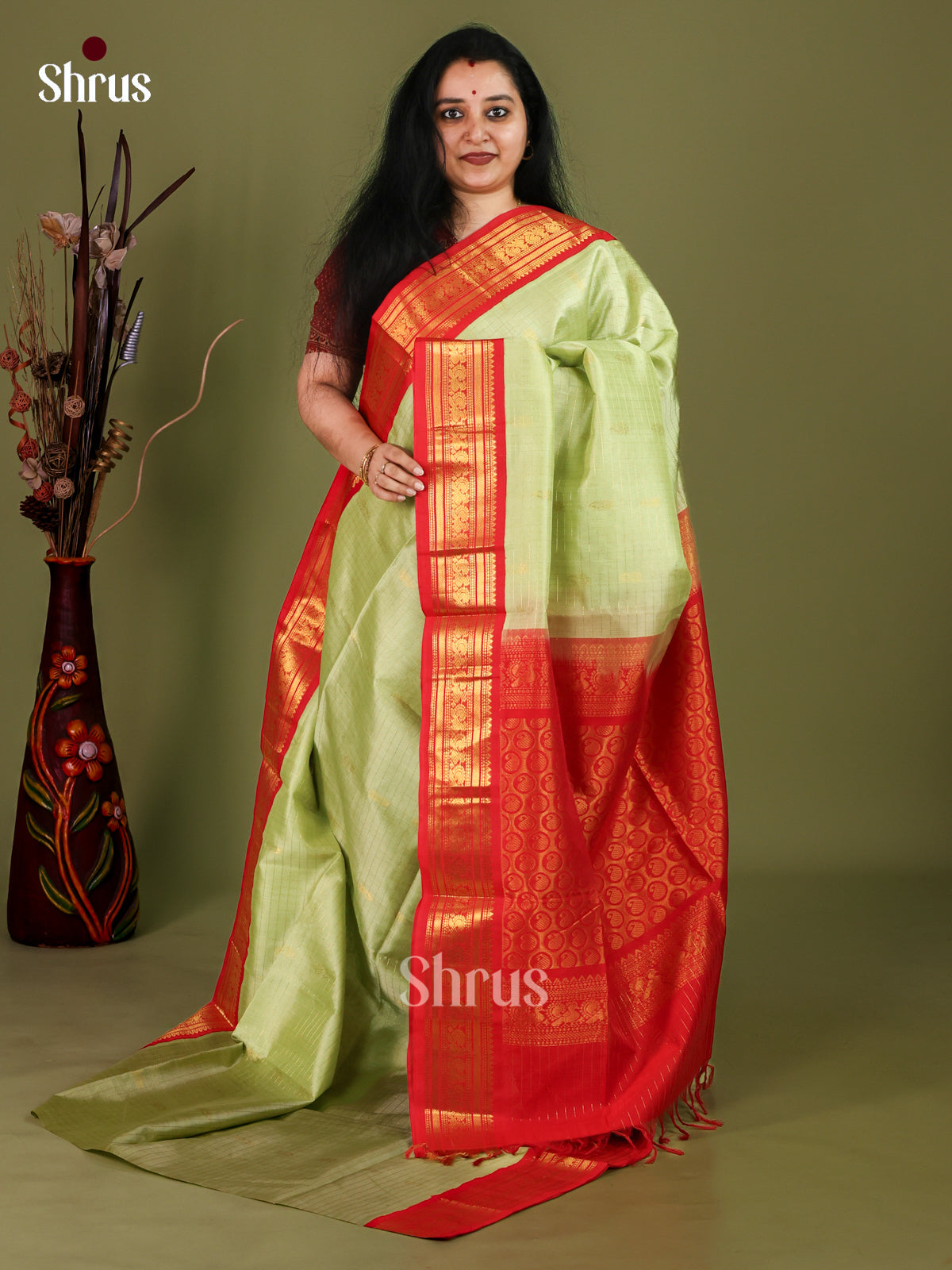 Ornate Pista Green Cotton Silk Saree With Golden Checks, Buttas, Red Temple Zari Border & Brocade Pallu