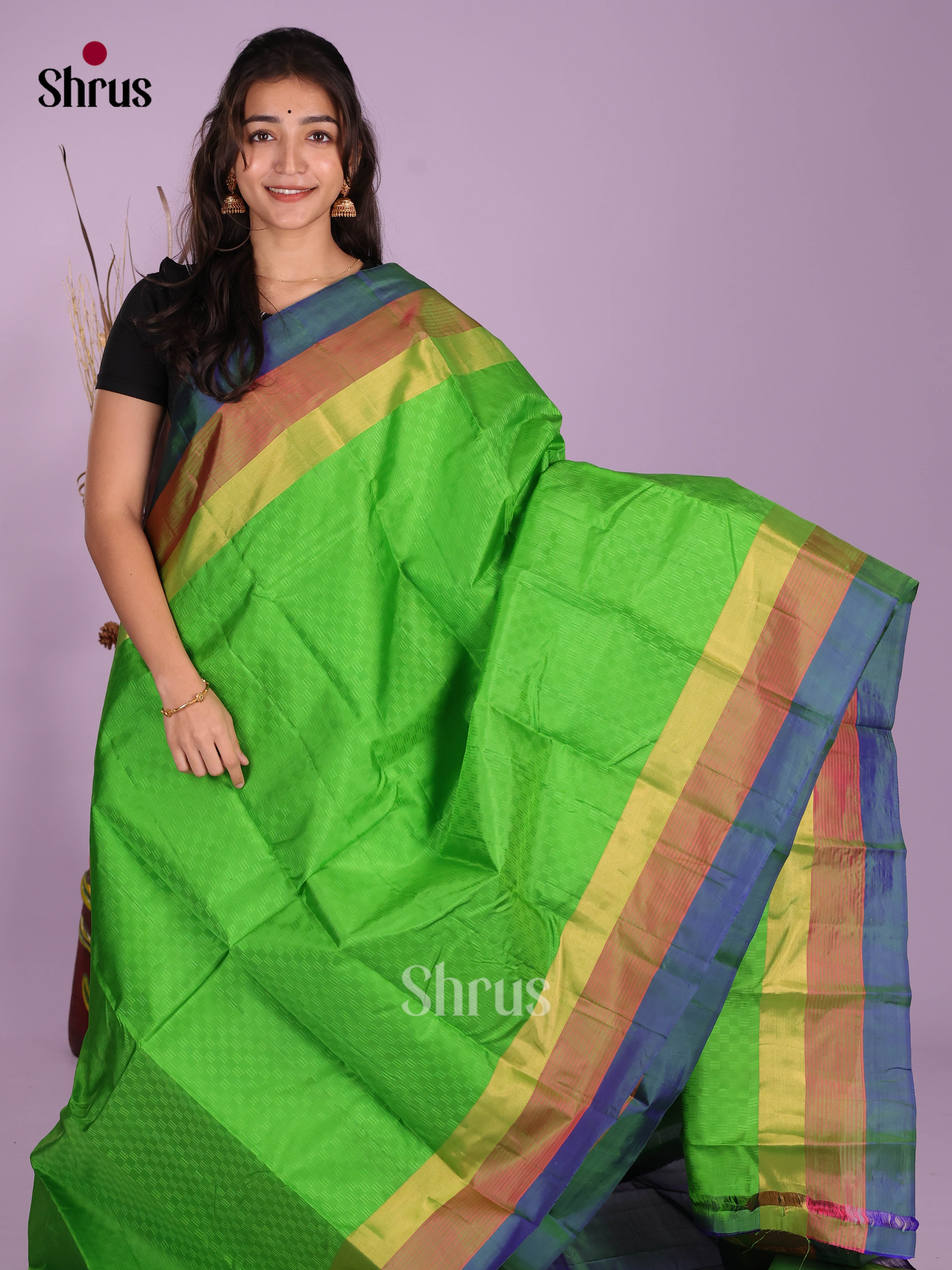 Buy Vivid Parrot Green Kanchipuram Saree with Self Checks,  Multi Toned Border & Chit Pallu