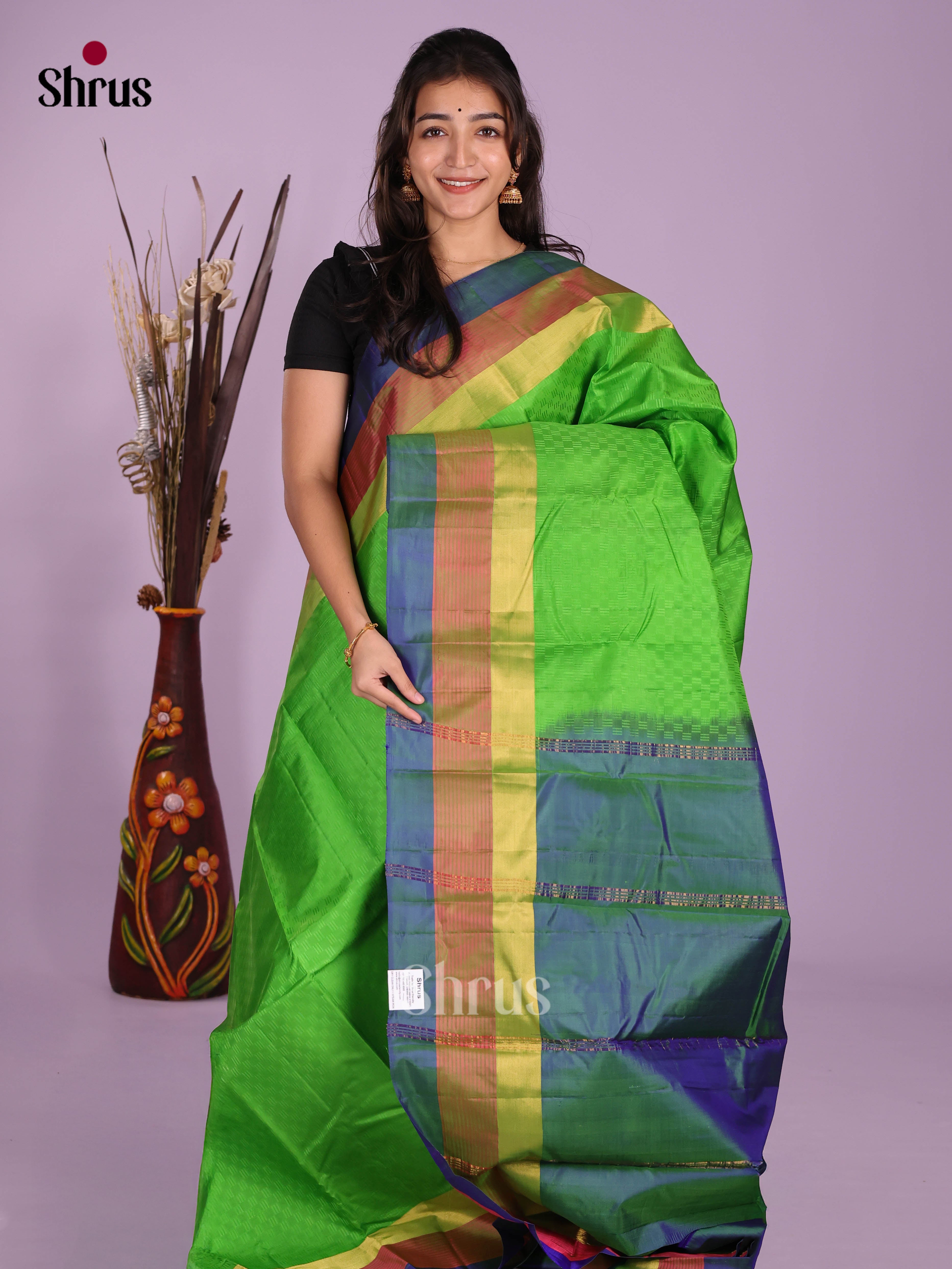 Buy Vivid Parrot Green Kanchipuram Silk Saree with Self Checks,  Multi Toned Border & Chit Pallu