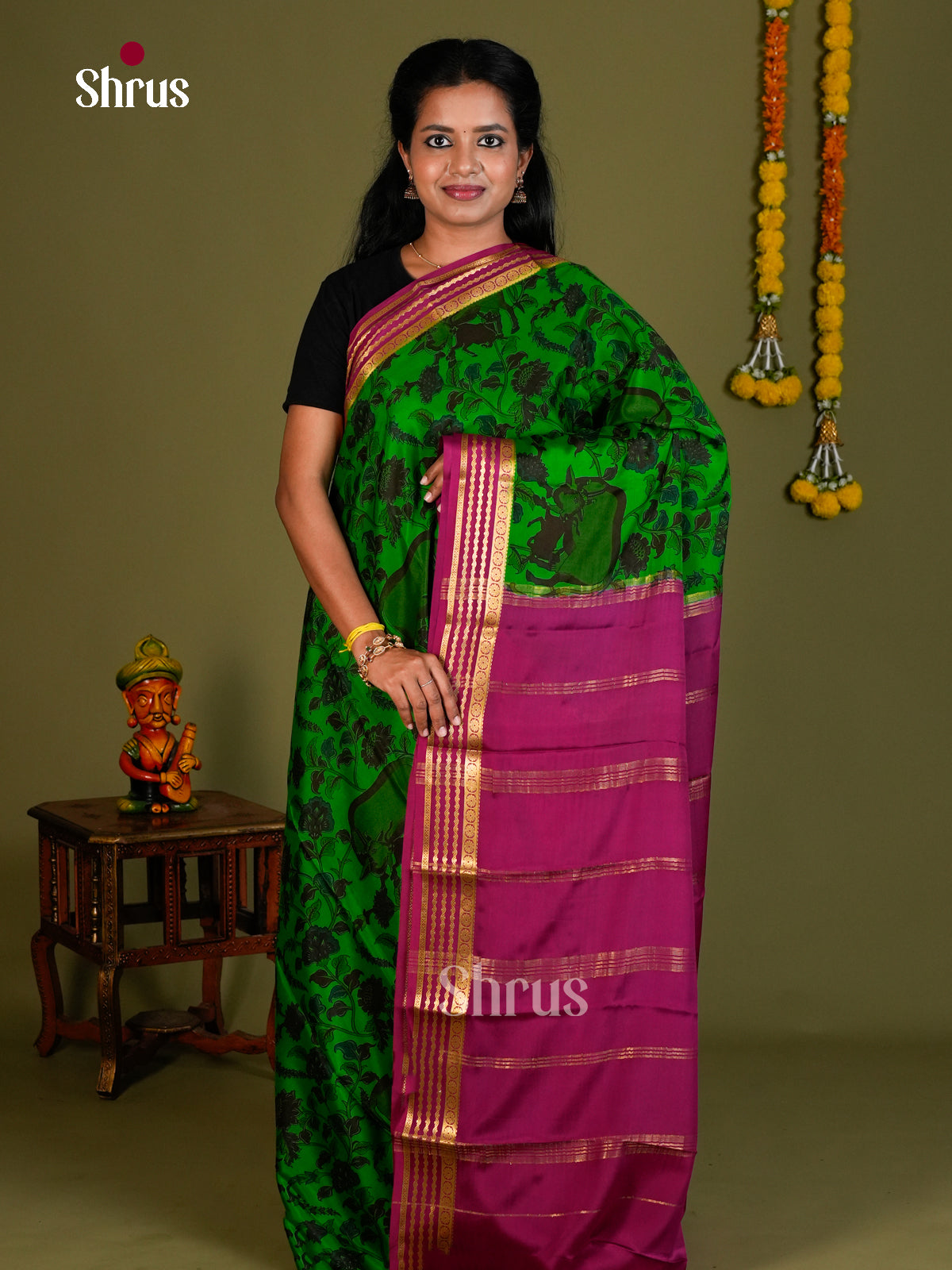 Buy Vivid Parrot Green Mysore Silk Saree with Floral Print, Magenta Zari Striped Border & Chit Pallu