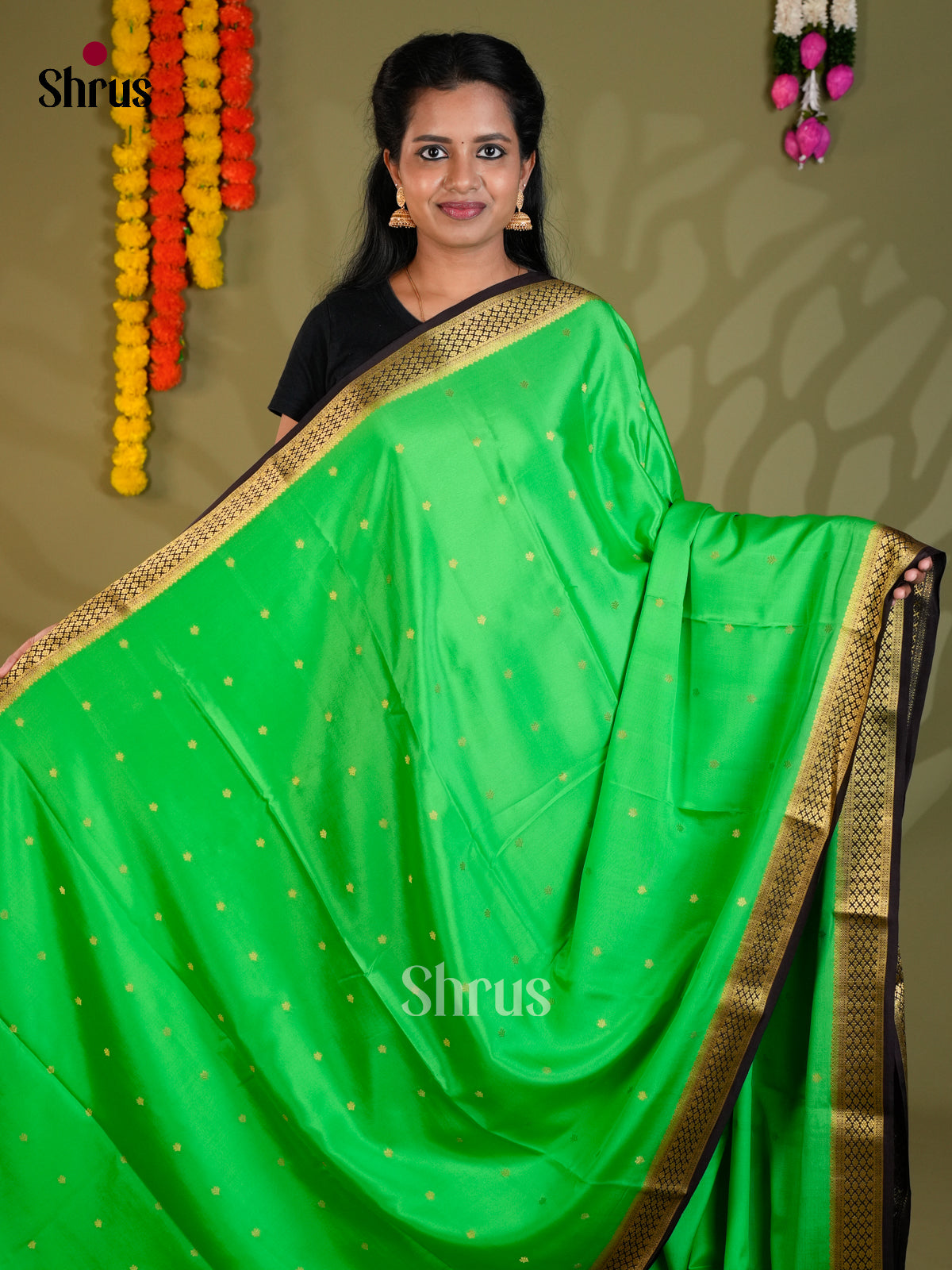 Buy Opulent Parrot Green Mysore Silk Sarees with Golden Buttas, Small Zari Border & Black Pallu