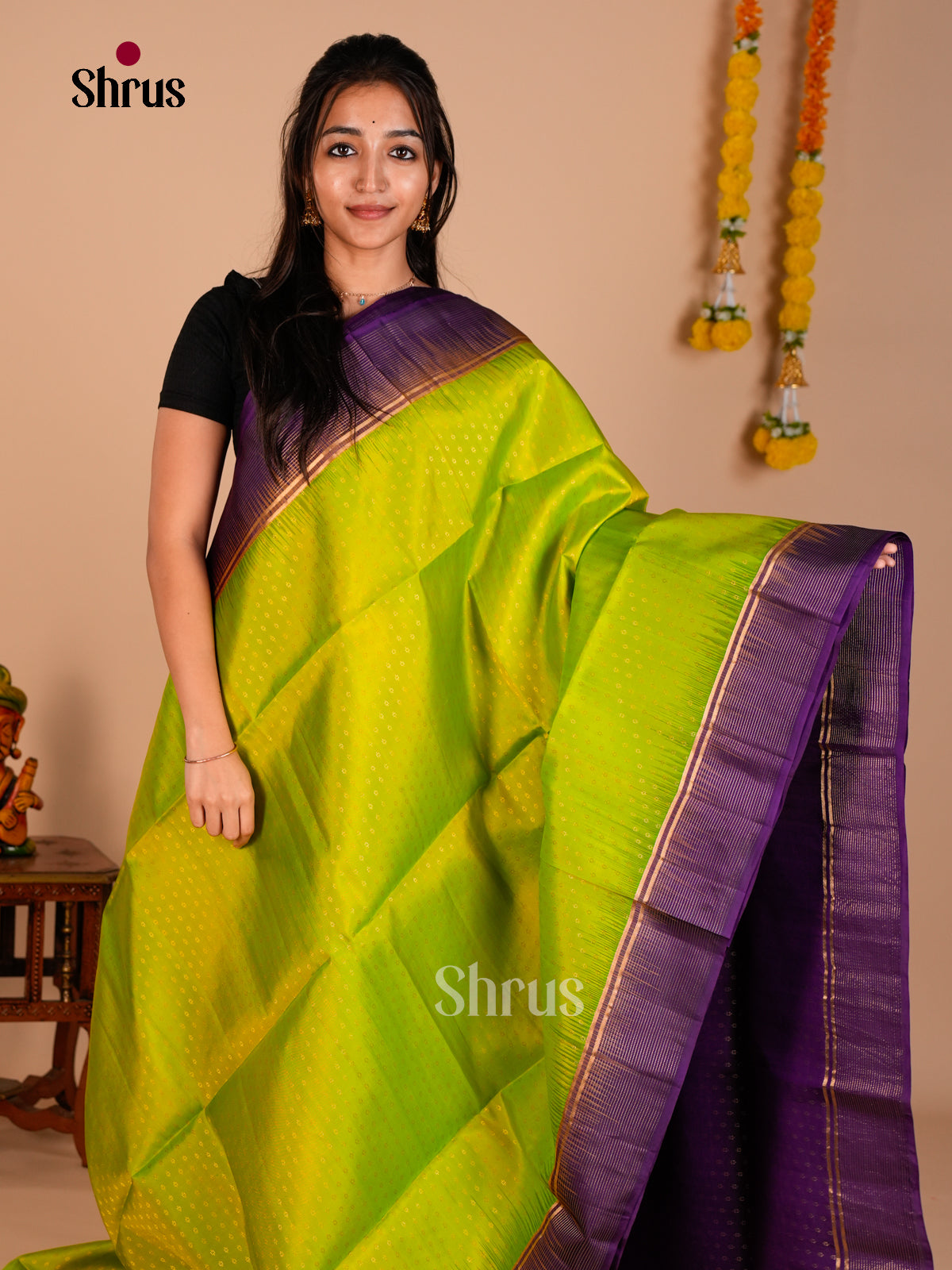 Buy Luxurious Parrot Green Pure Soft Silk Saree with Intricately Woven Zari Buttas & Violet Brocade Pallu