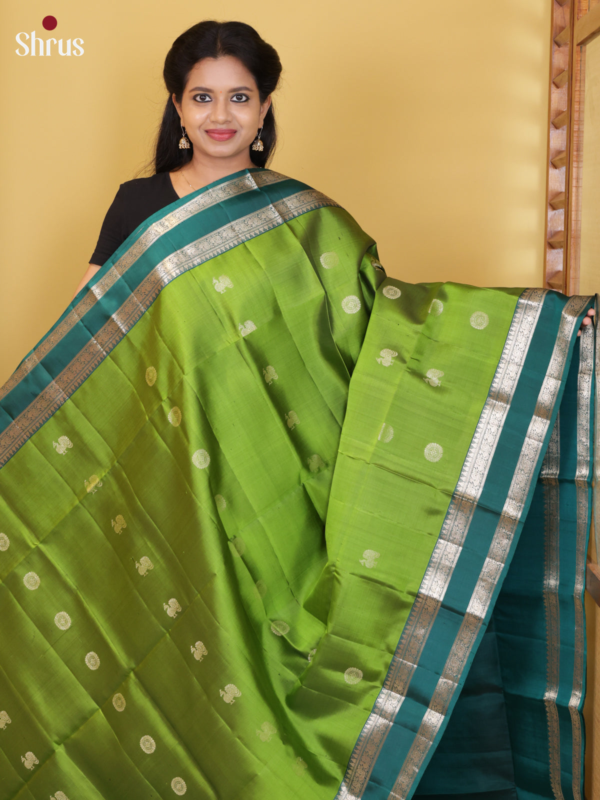 Buy Serene Parrot Green Pure Soft Silk Saree with Silver Zari Buttas & Teal Rettaipet Border & Pallu