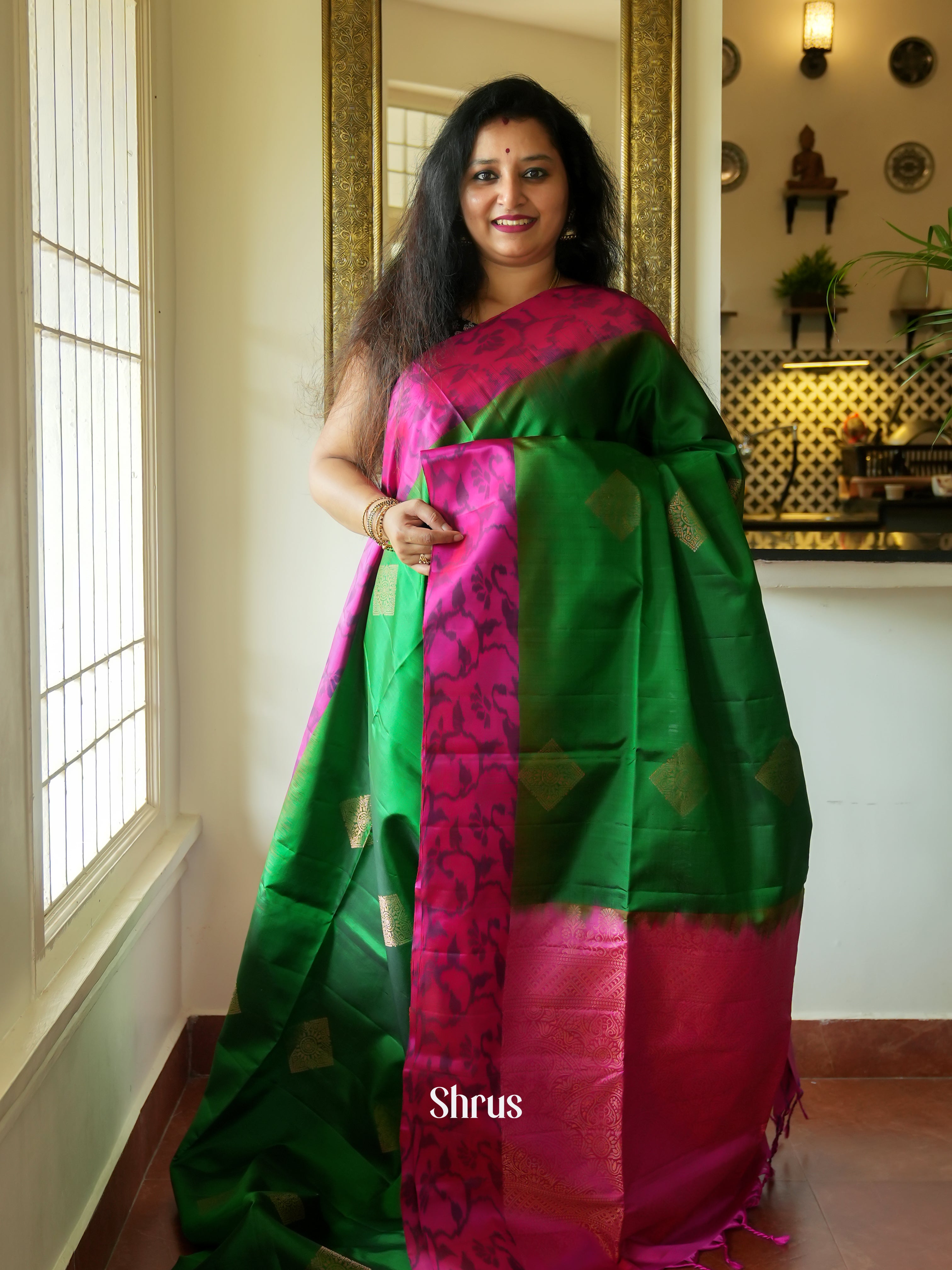 Stylish Parrot Green Soft Silk Saree With Diamond Motifs, Magenta Ikat Border & Brocade Pallu