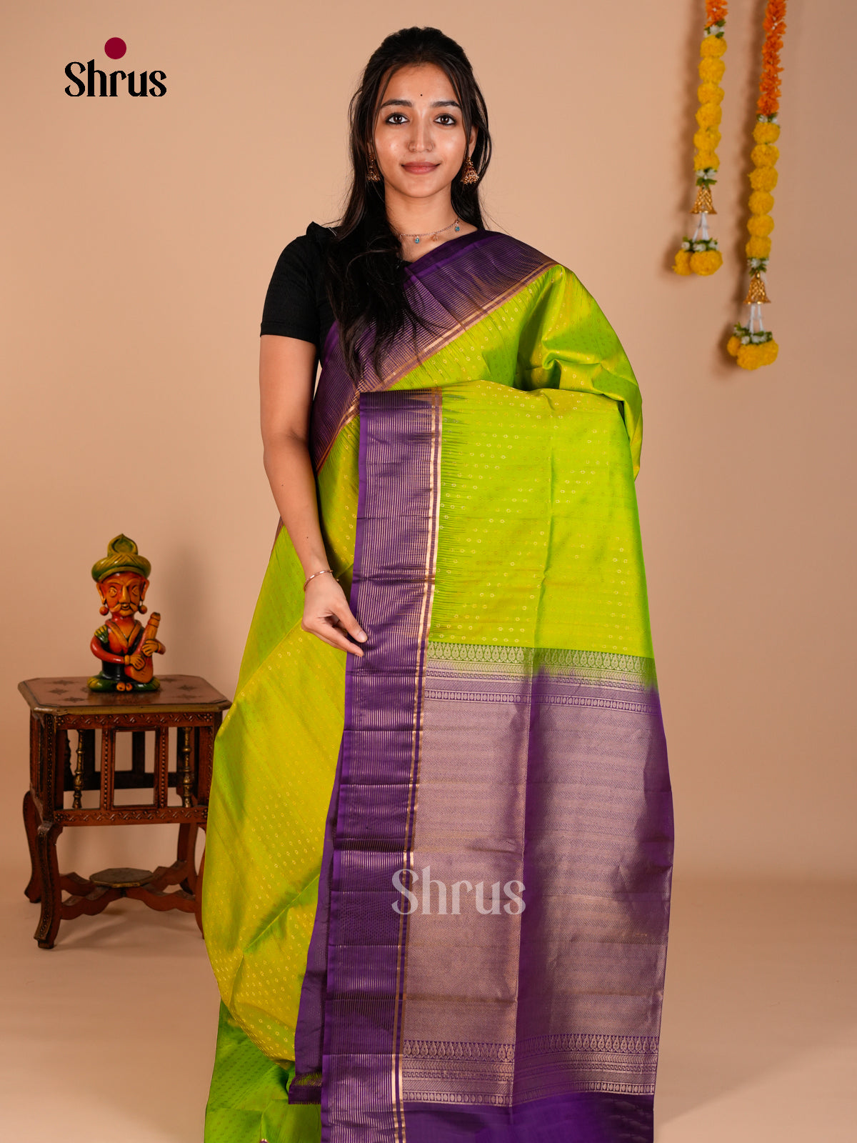 Buy Luxurious Parrot Green Soft Silk Saree with Intricately Woven Zari Buttas & Violet Brocade Pallu