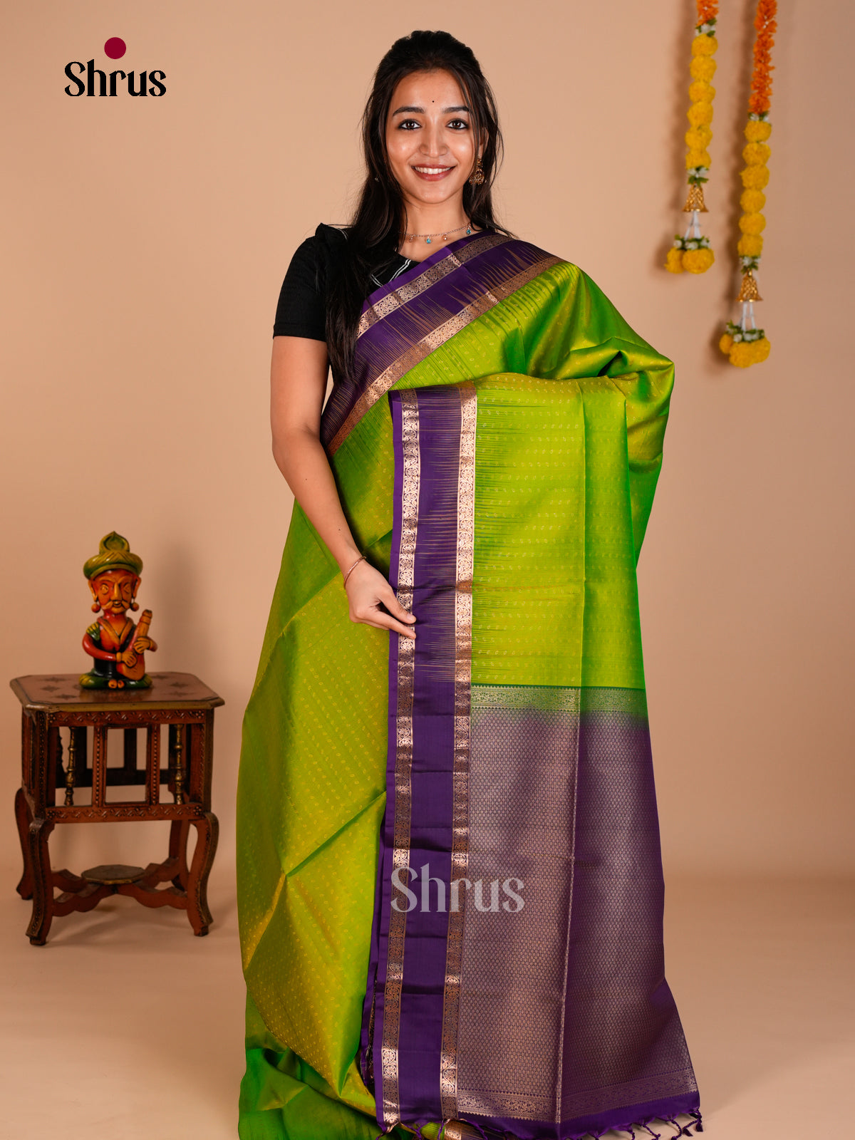 Buy Luminous Parrot Green Soft Silk Saree with Purple Rettaipet Zari Border & Brocade Pallu 