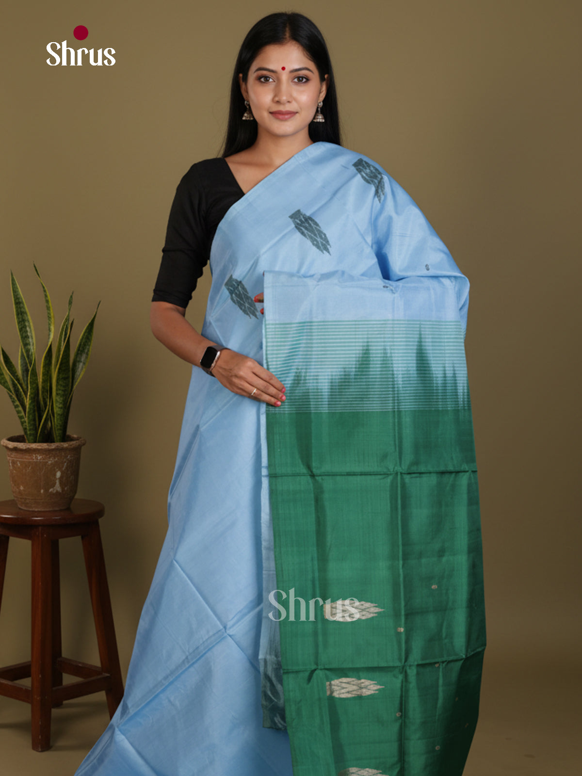 Buy Beautiful Pastel Blue Banana Pith Sarees with Woven Motifs & Green Traditional Pallu