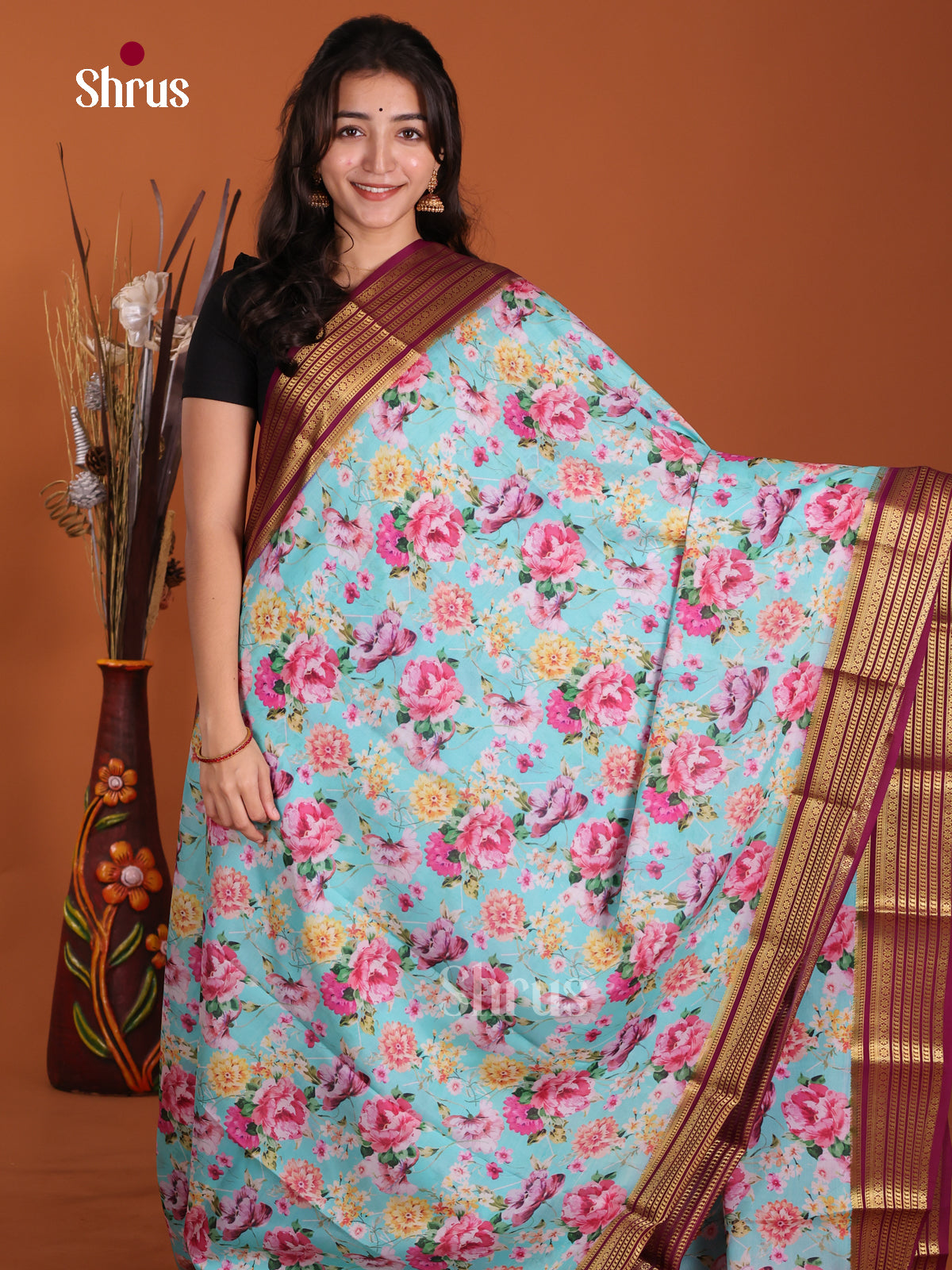 Buy Chic Pastel Blue Mysore Crepe Silk Saree with Floral Prints, Purple Striped Zari Border & Chit Pallu