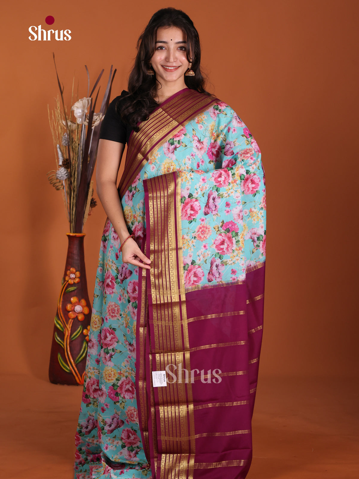Buy Chic Pastel Blue Mysore Silk Saree with Floral Prints, Purple Striped Zari Border & Chit Pallu