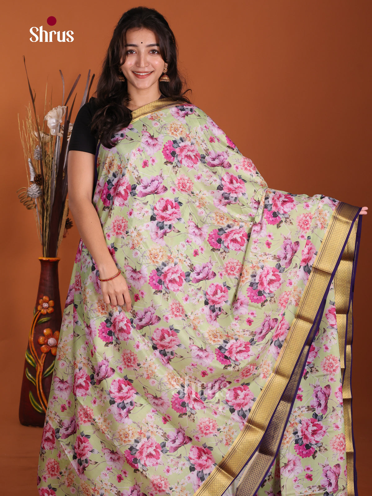 Buy Magnificent Pastel Green Mysore Crepe Silk Saree with Floral Prints, Navy Blue Zari Border & Chit Pallu