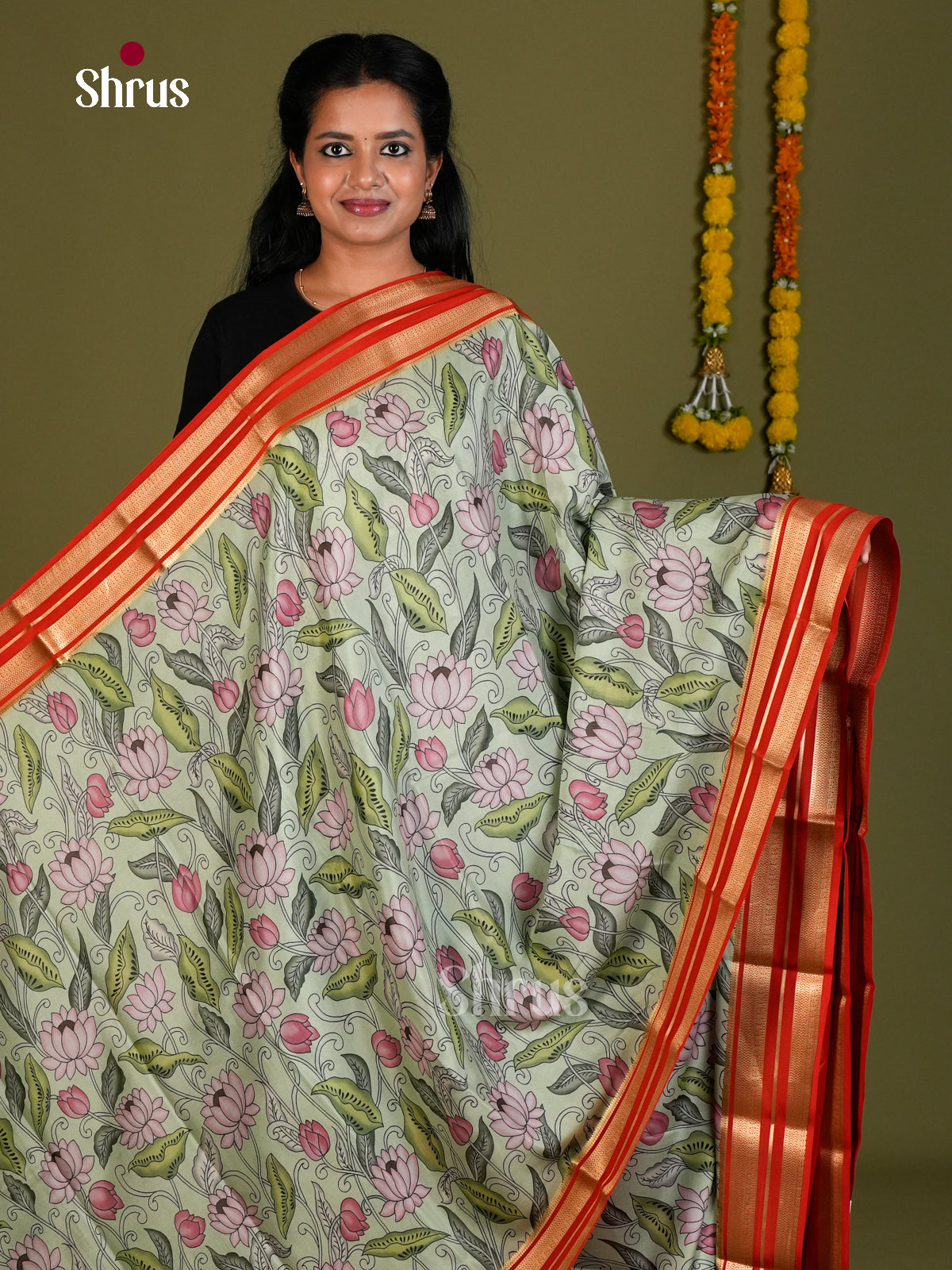 Buy Pretty Pastel Green Mysore Silk Sarees with Lotus & Leaf Prints & Orange Rettapet Zari Border