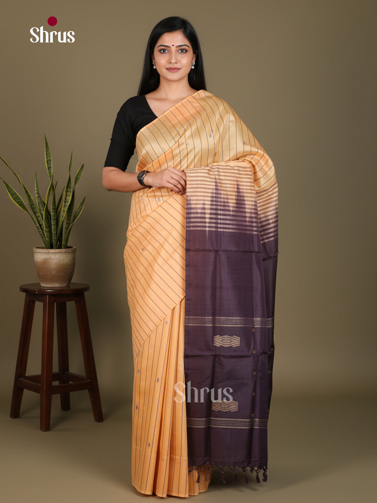 Buy Chic Pastel Mustard Yellow Banana Pith Saree With Woven Stripes & Brown Traditional Pallu