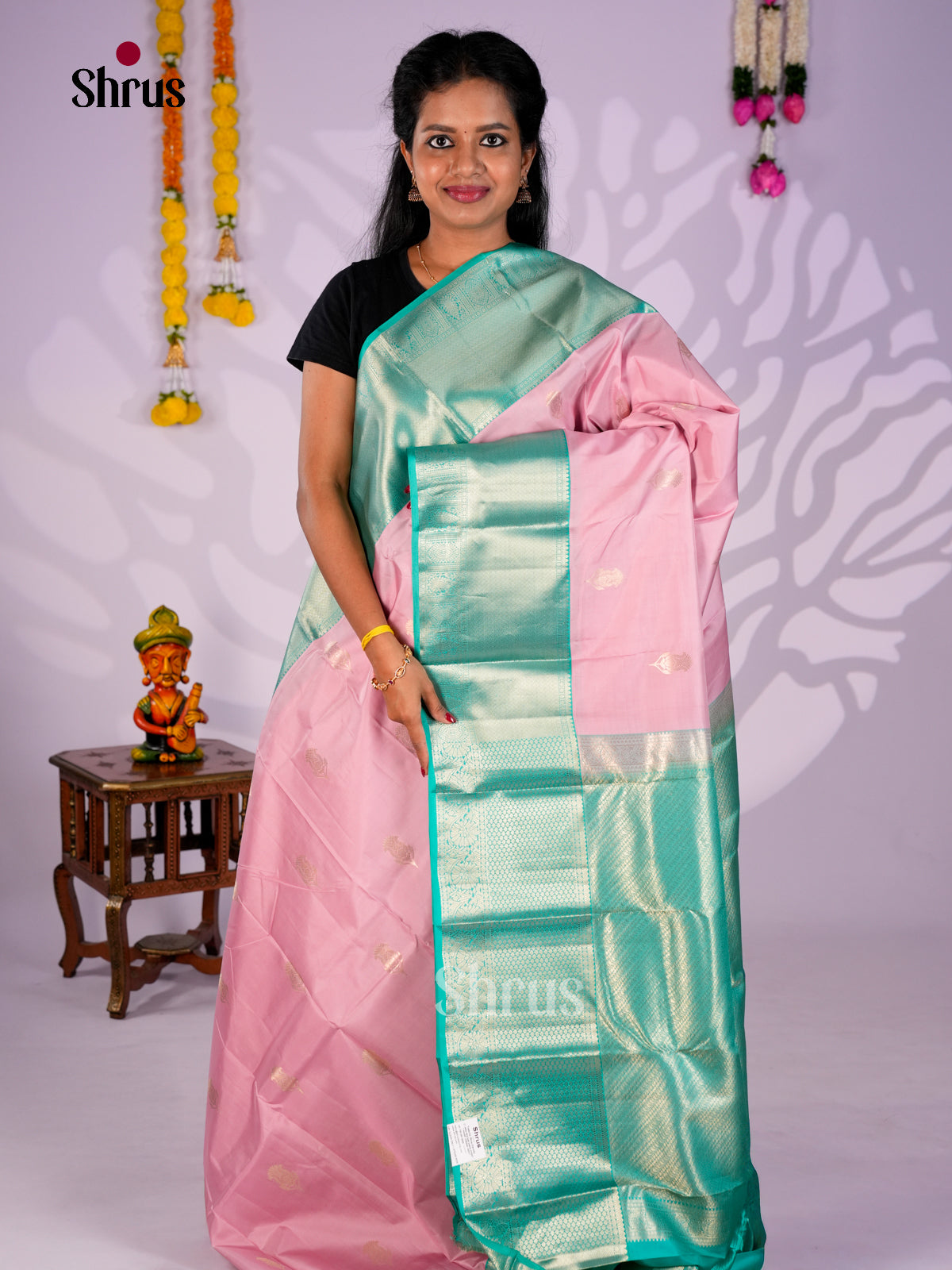 Buy Brezzy Pastel Pink Kanchipuram Silk Saree With Floral Motifs & Zari Woven Sea Green Big Border