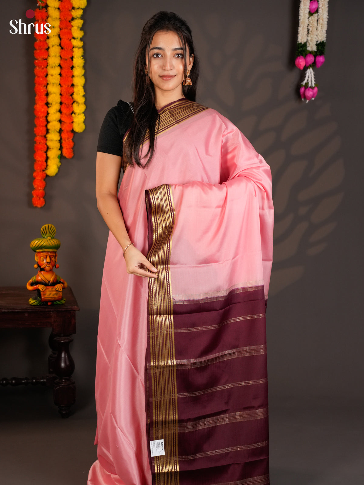 Buy Charming Pastel Pink Mysore Crepe Silk Saree with Maroon Zari Striped Border & Traditional Chit Pallu