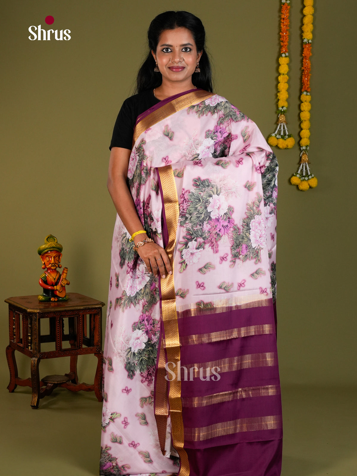 Buy Pretty Pastel Pink Mysore Silk Saree with Floral Print, Kaddi Zari Border & Purple Pallu