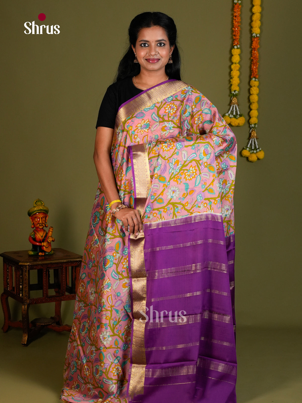Buy Classy Pastel Pink Mysore Silk Saree with Floral Print, Violet Kaddi Border & Zari Woven Pallu
