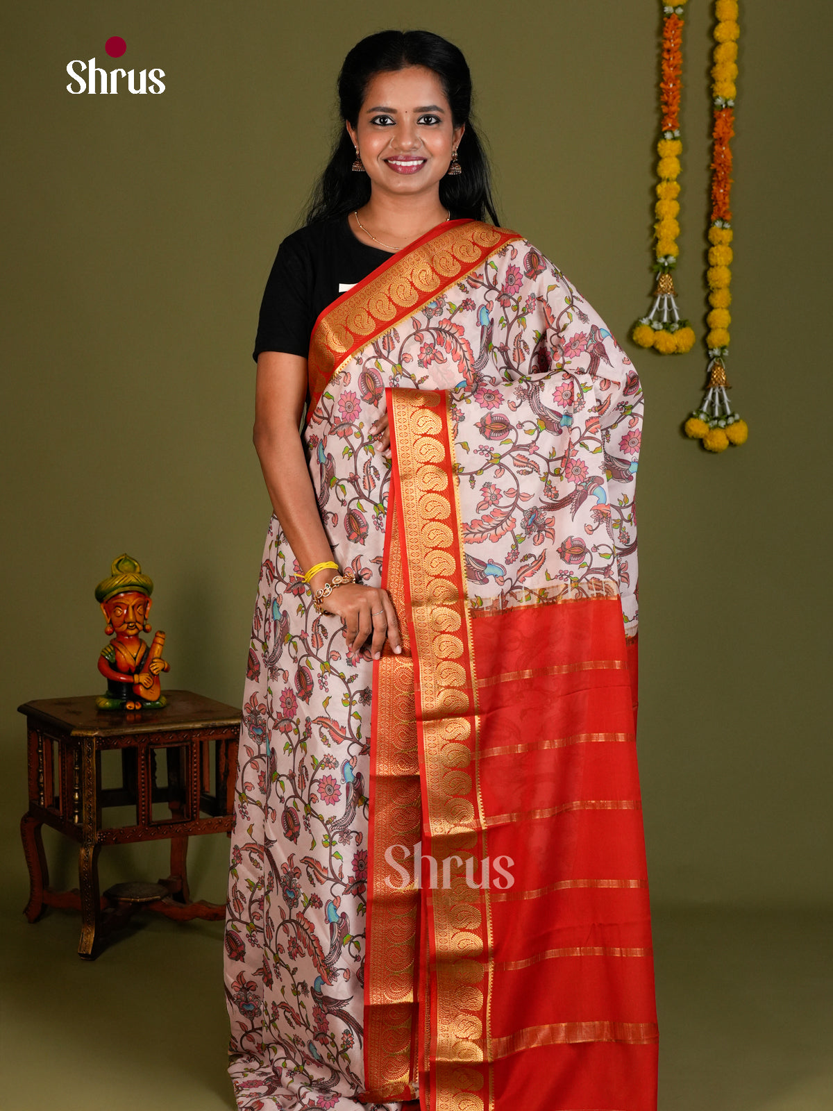 Buy Chic Pastel Pink Mysore Silk Saree with Floral Print, Zari Border With Mango Motifs & Red Pallu