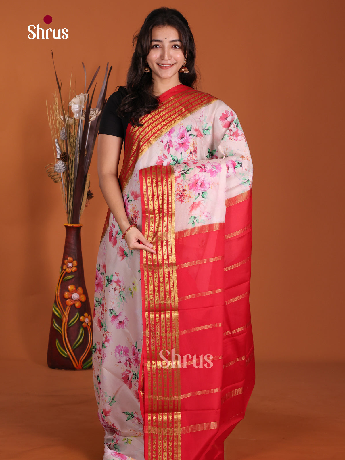 Buy Lustrous Pastel Pink Mysore Silk Saree with Floral Prints, Red Striped Zari Border & Chit Pallu
