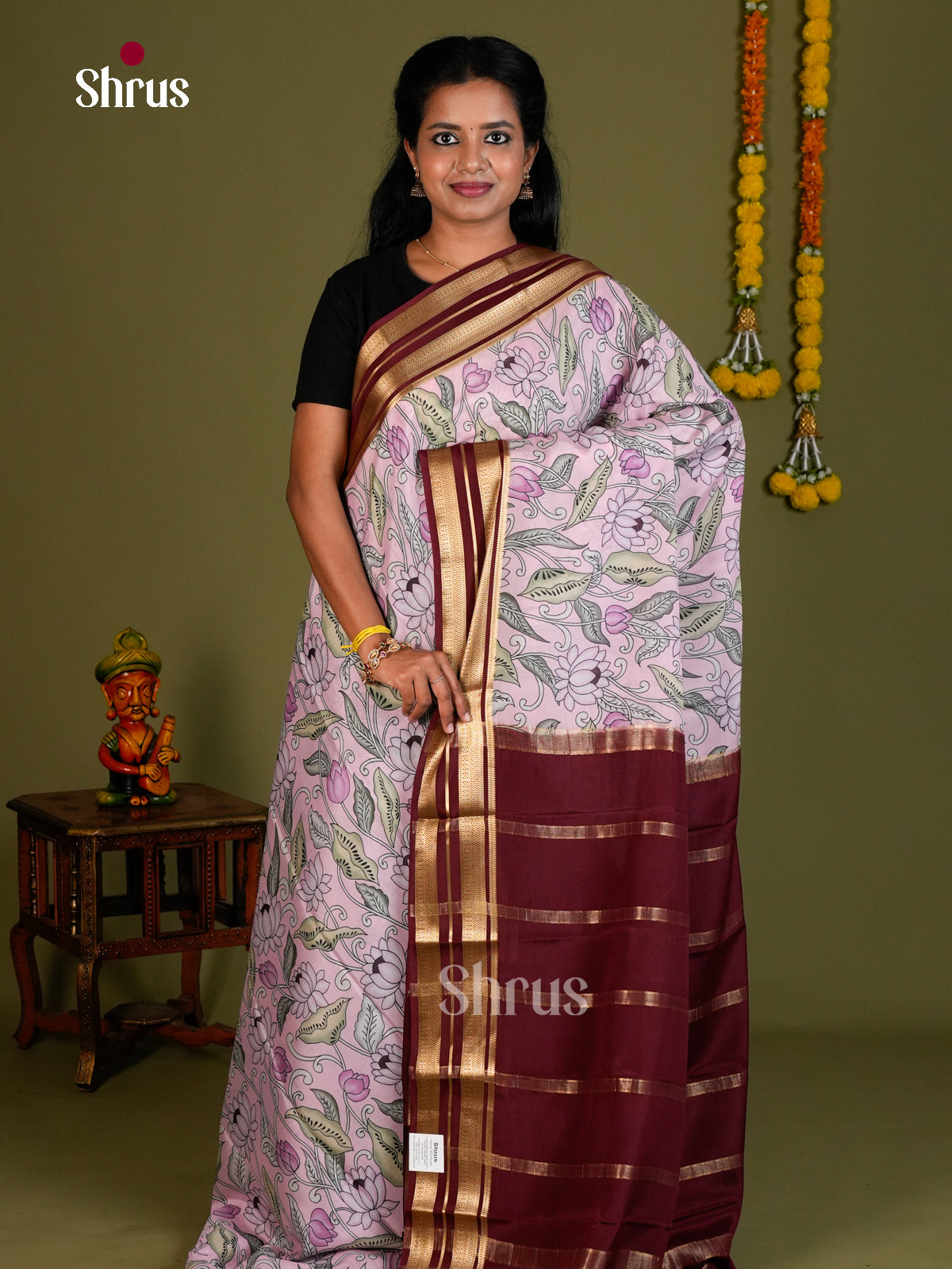 Buy Gorgeous Pastel Pink Mysore Silk Saree with Lotus & Leaf Prints & Maroon Rettapet Zari Border