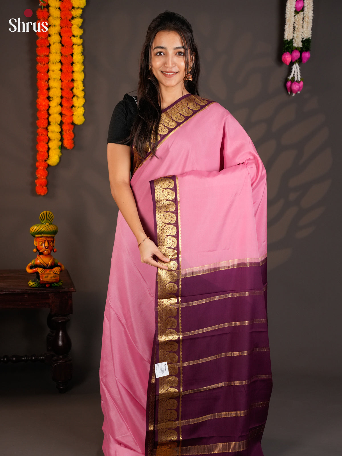 Buy Chic Pastel Pink Mysore Crepe Silk Saree with Paisley Motifs Woven Purple Zari Border & Chit Pallu