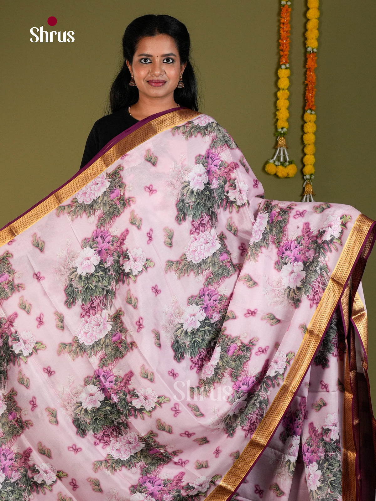 Buy Pretty Pastel Pink Mysore Silk Sarees with Floral Print, Kaddi Zari Border & Purple Pallu